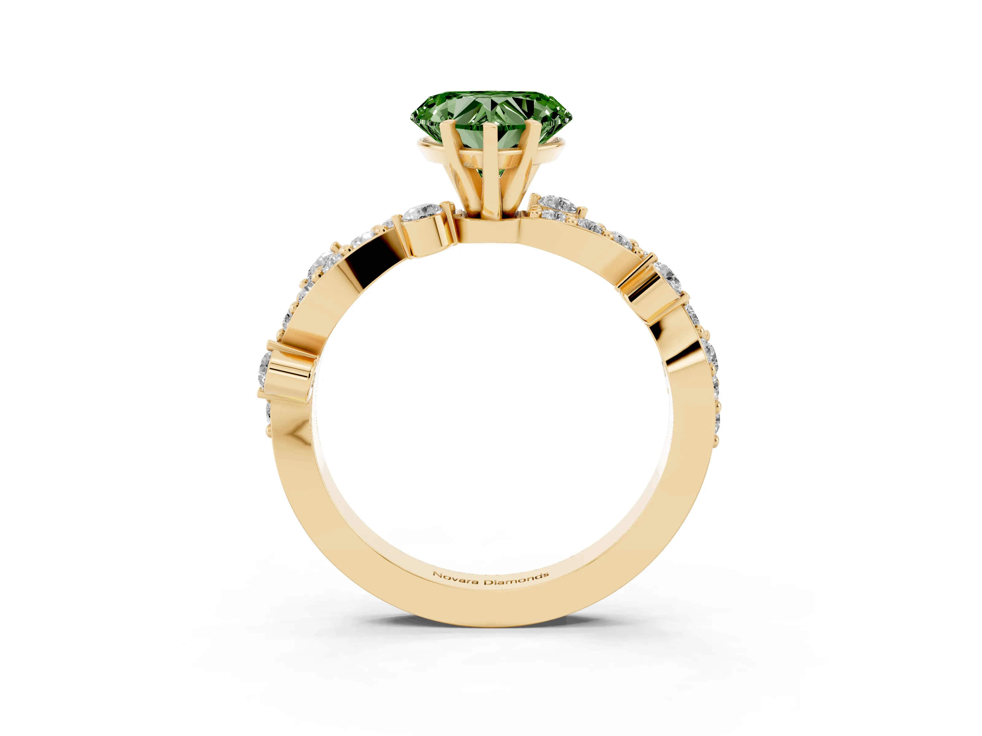 Fancy Green Heart Cut Diamond Solitaire Twisted Band Set in Yellow gold with Pavé Setting