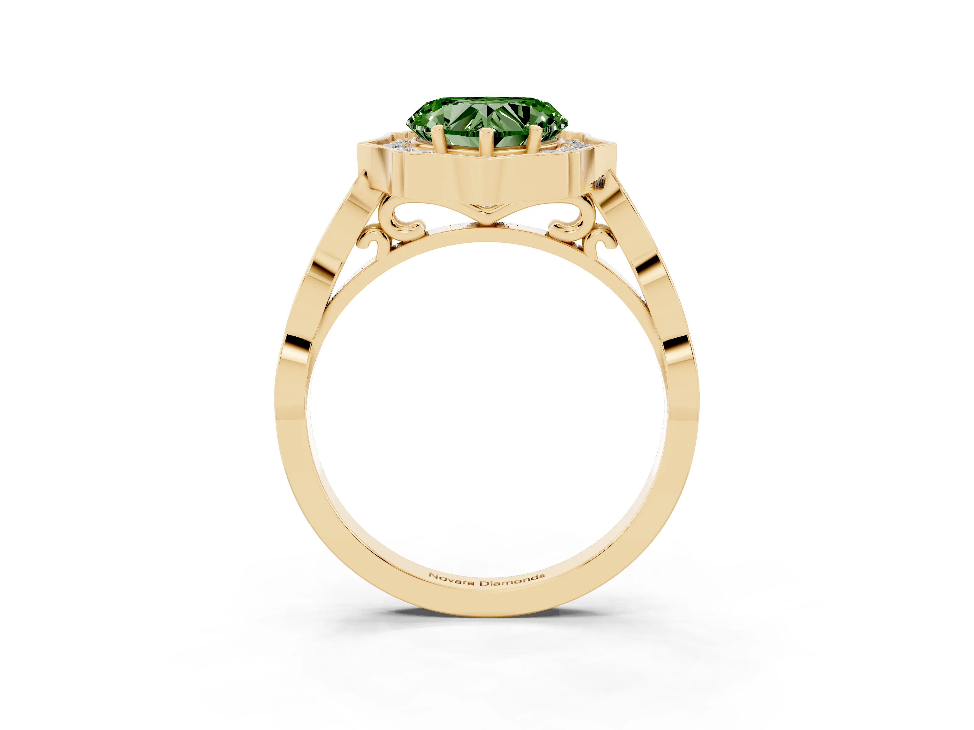 Fancy Green Heart Cut Diamond Halo Engagement Ring Set in Yellow gold with Milgrain Band and Prong Setting