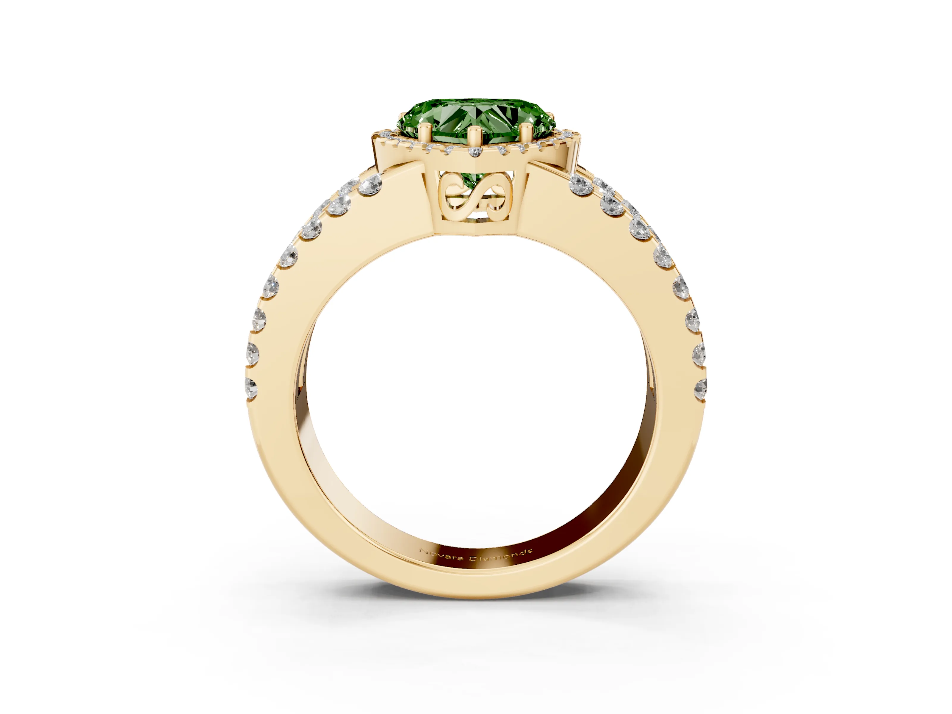 Fancy Green Heart Cut Diamond Halo Ring Set in Yellow gold with Pavé Split Shank and Prong Setting