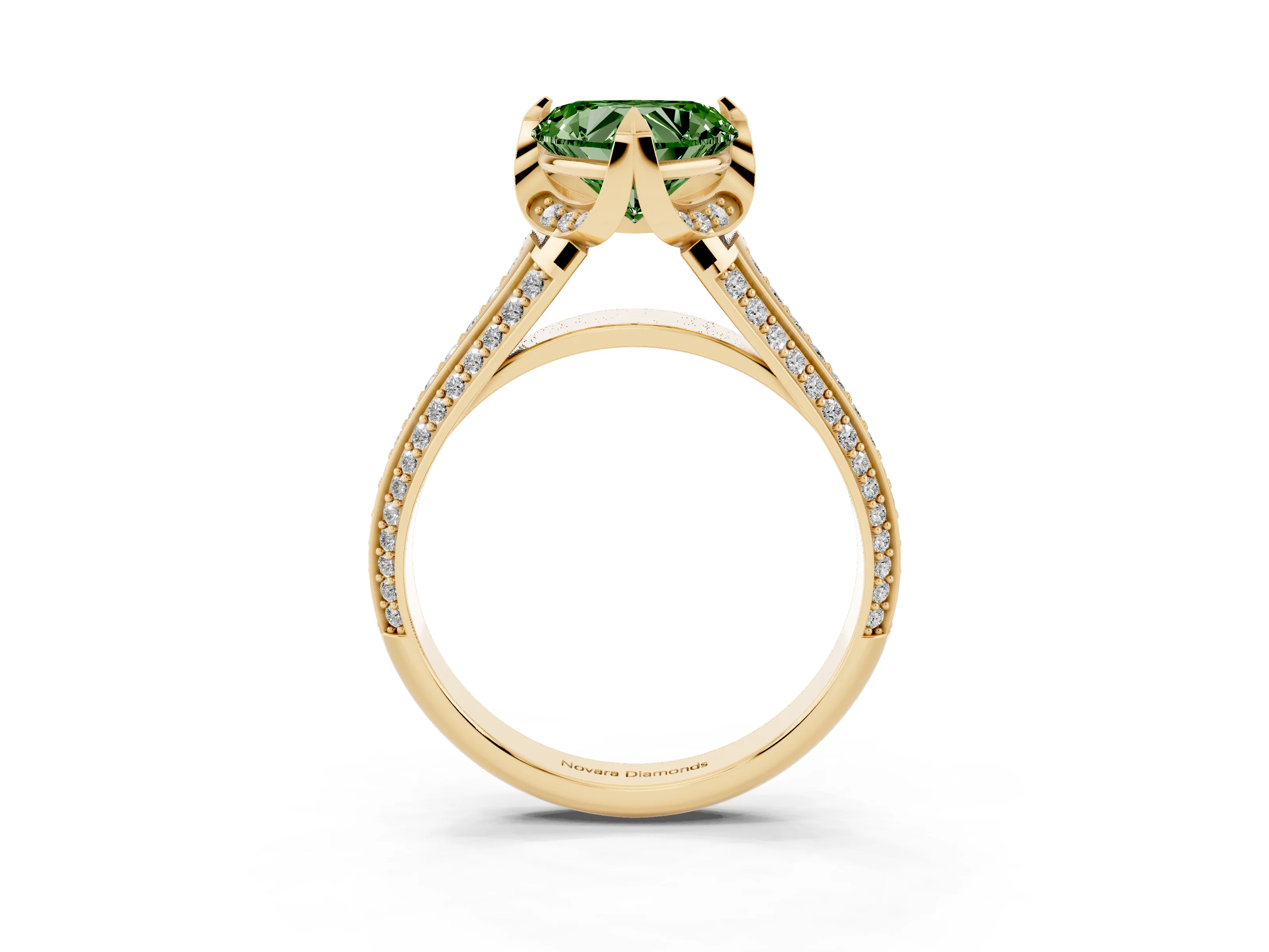 Fancy Green Heart Cut Diamond Pavé Split Shank Solitaire Ring Set in Yellow gold with Prong Setting