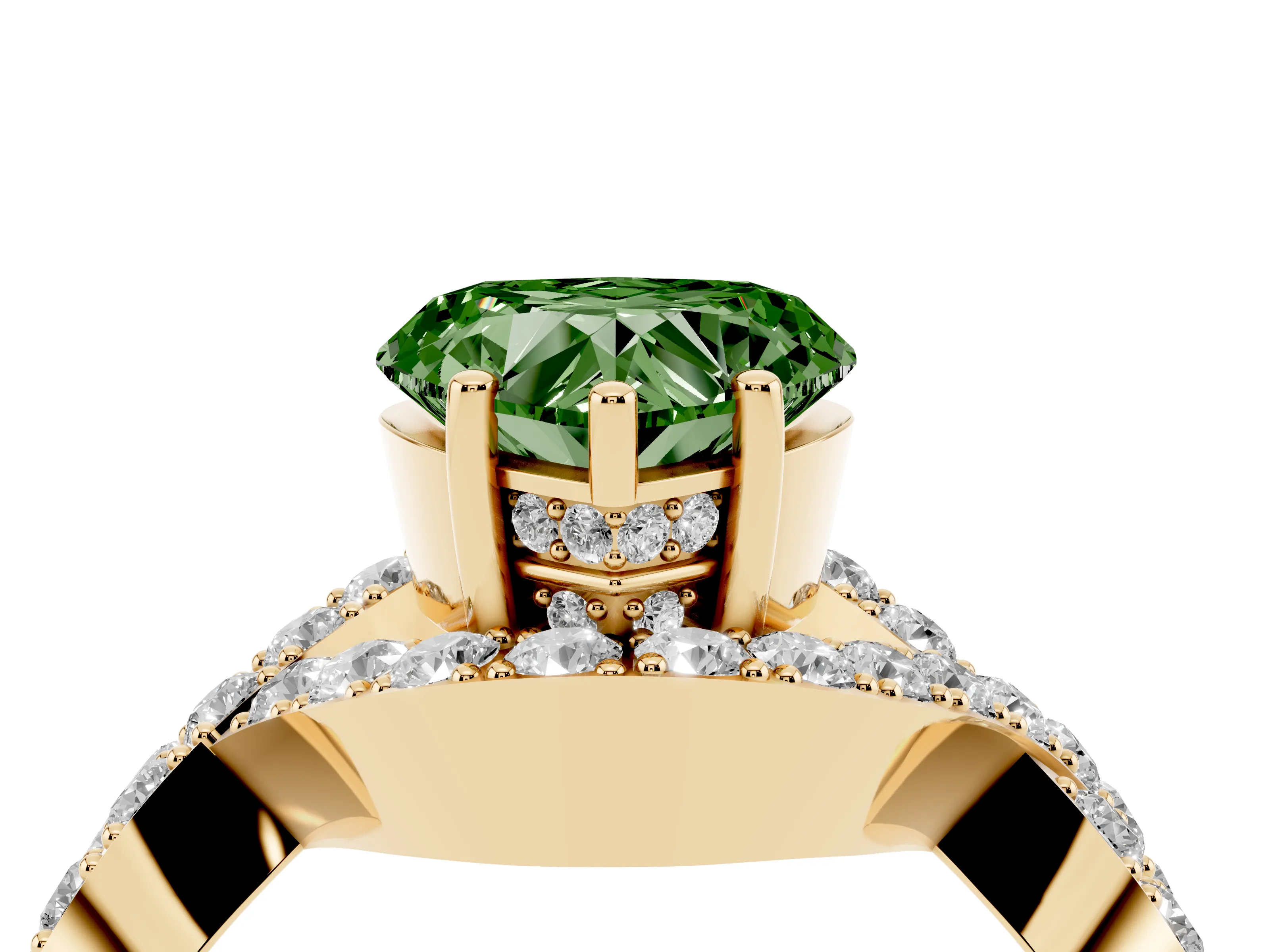 Fancy Green Heart Cut Diamond Solitaire Twist Band Pavé Engagement Ring Set in Yellow gold