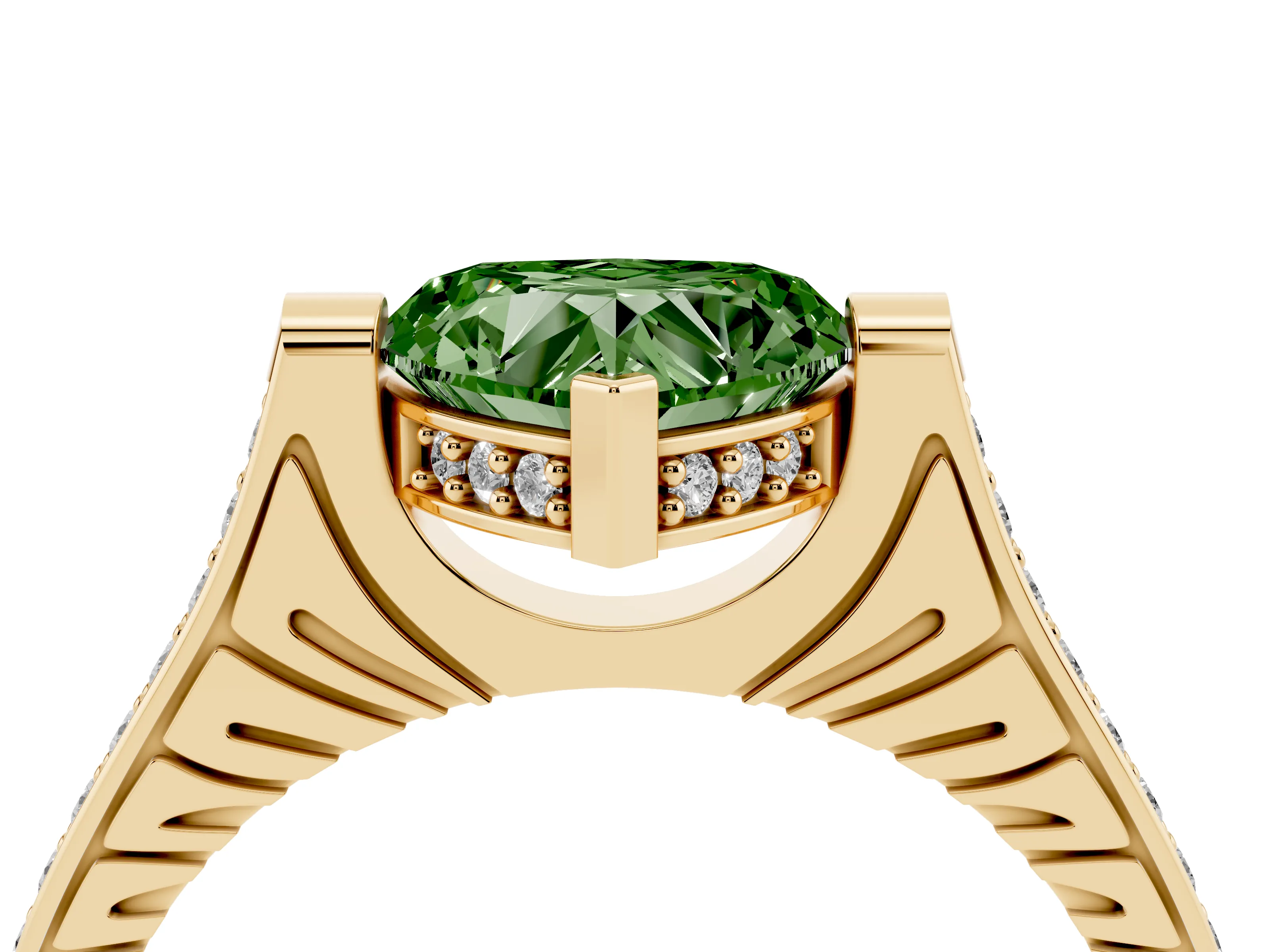 Fancy Green Heart Cut Diamond Solitaire Ring Set in Yellow gold with Channel Set Band and Bezel Prong Setting