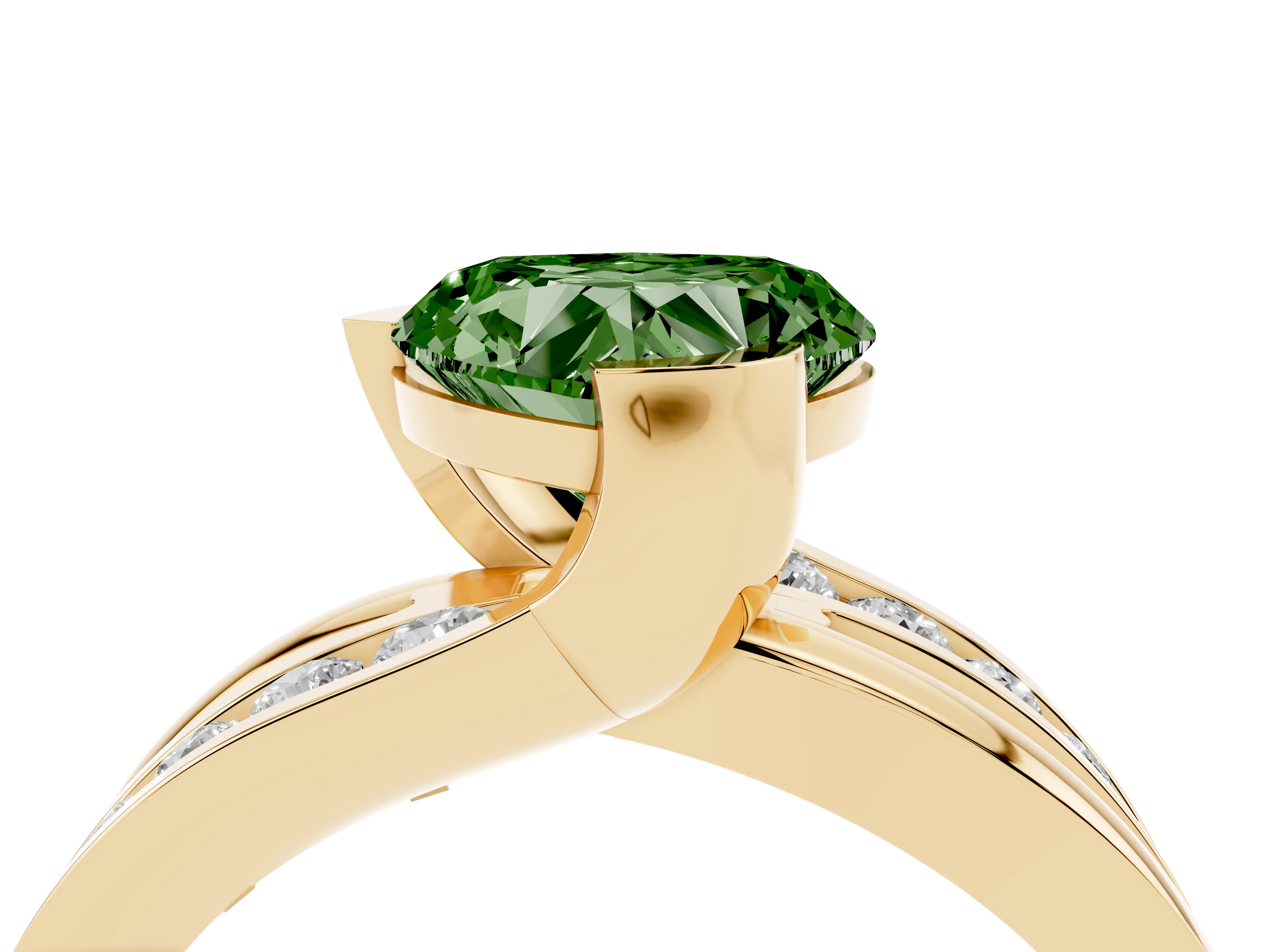 Fancy Green Heart Cut Diamond Solitaire Ring Set in Yellow gold with Channel Set Split Shank and Tension Prongs