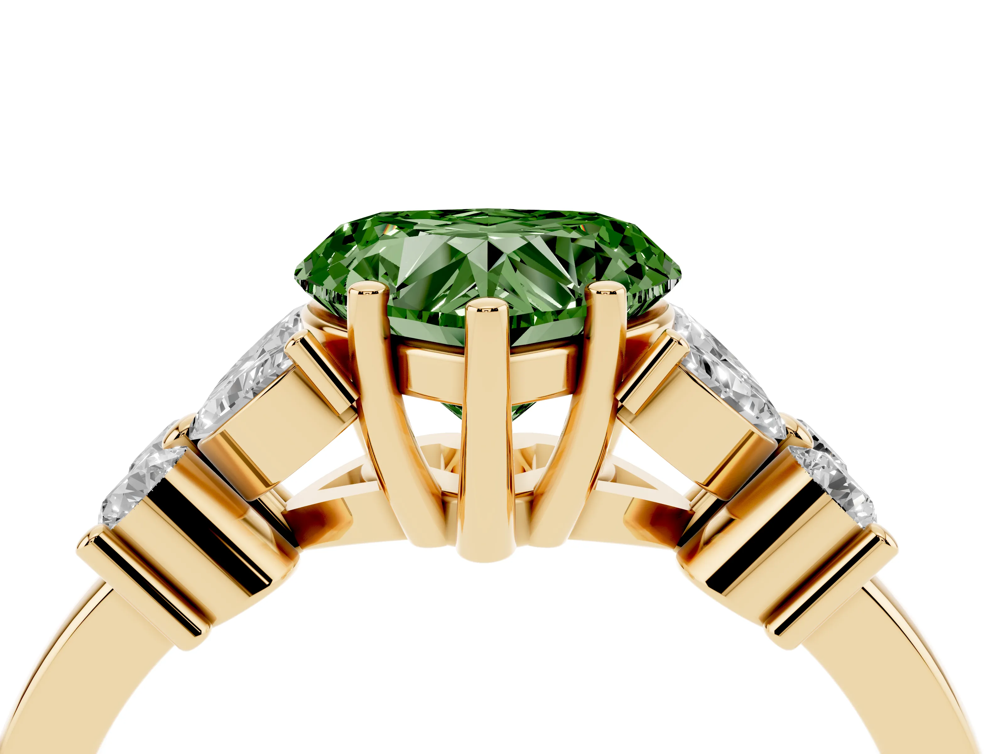 Fancy Green Heart Cut Diamond Floral Cluster Ring Set in Yellow gold with Marquise Petals and Prong Setting