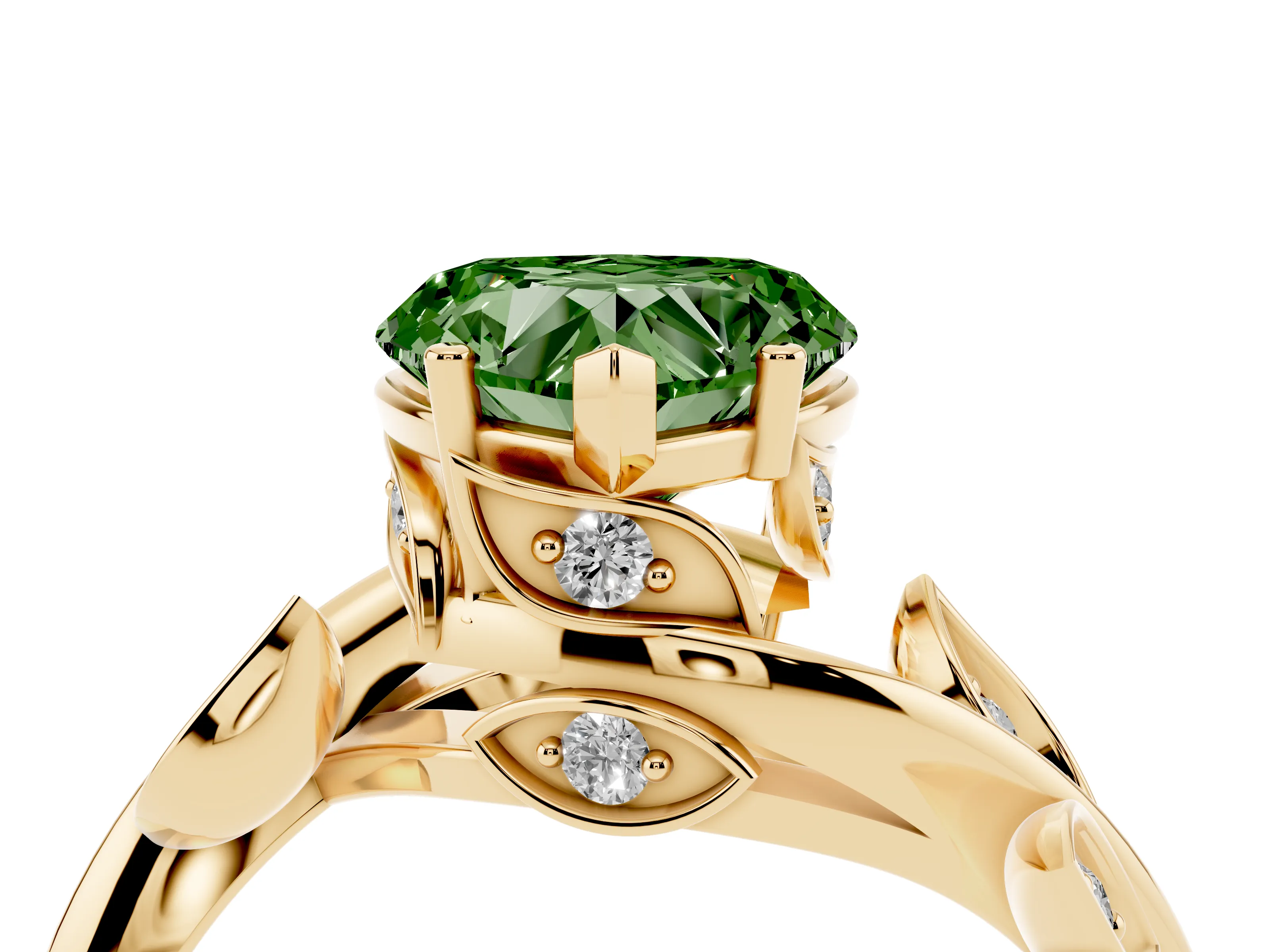 Fancy Green Heart Cut Diamond Solitaire Twist Engagement Ring Set in Yellow gold with Pavé Leaf Accents