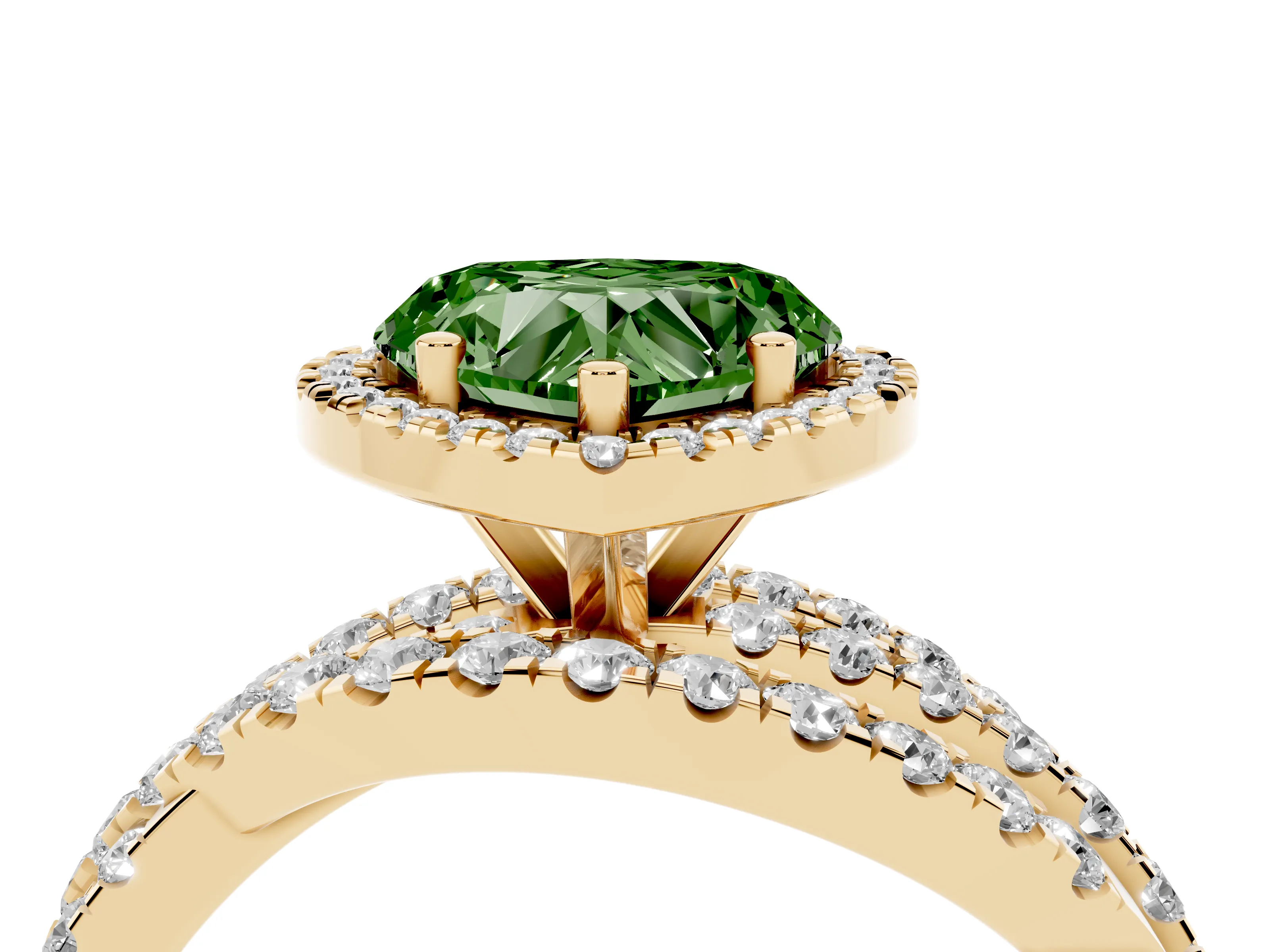 Fancy Green Heart Cut Diamond Halo Ring Set in Yellow gold with Round Crossover Split Shank and Prong Setting