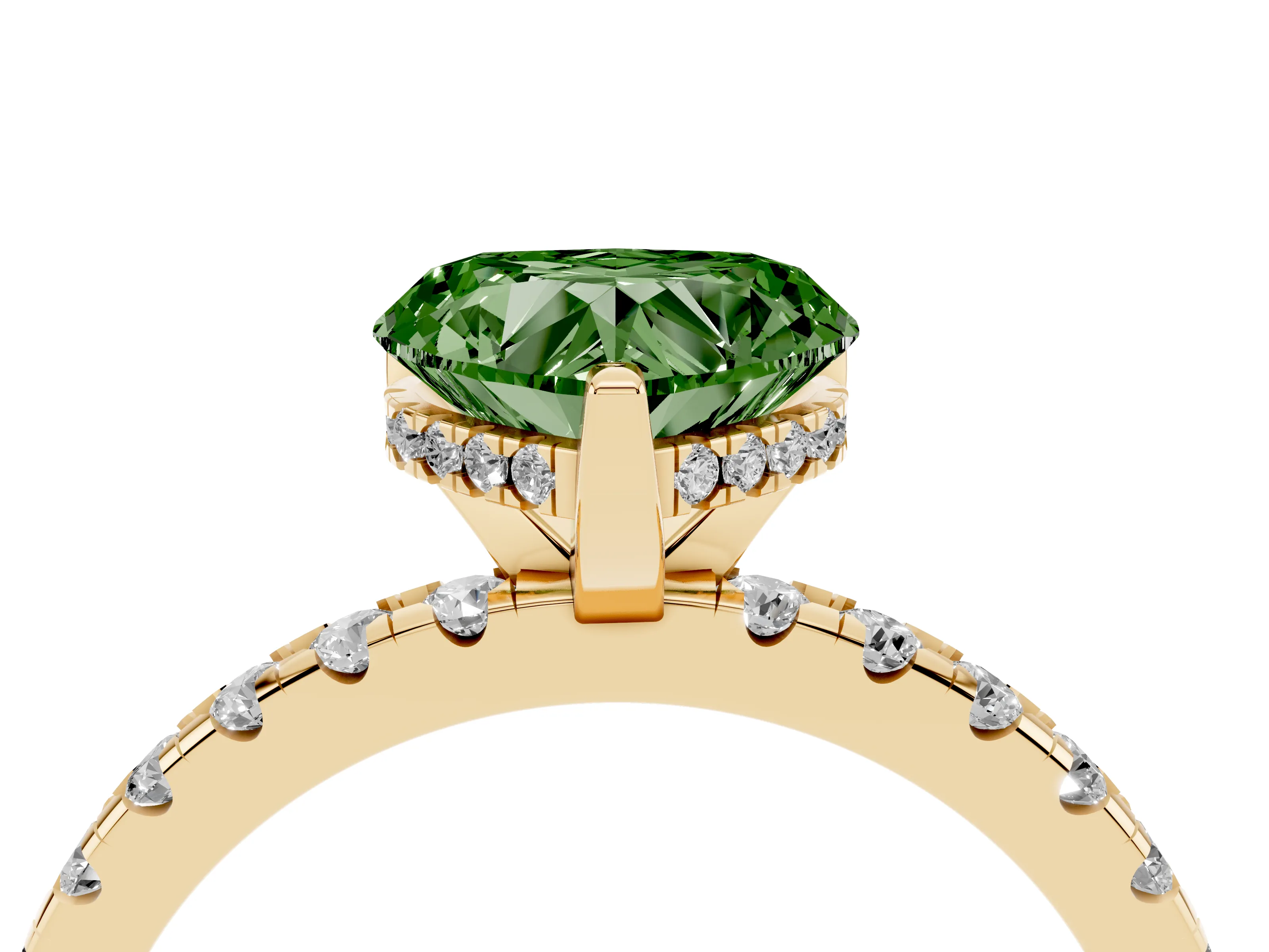 Fancy Green Heart Cut Diamond Pavé Solitaire Ring Set in Yellow gold with Round Band Accents and Prong Setting