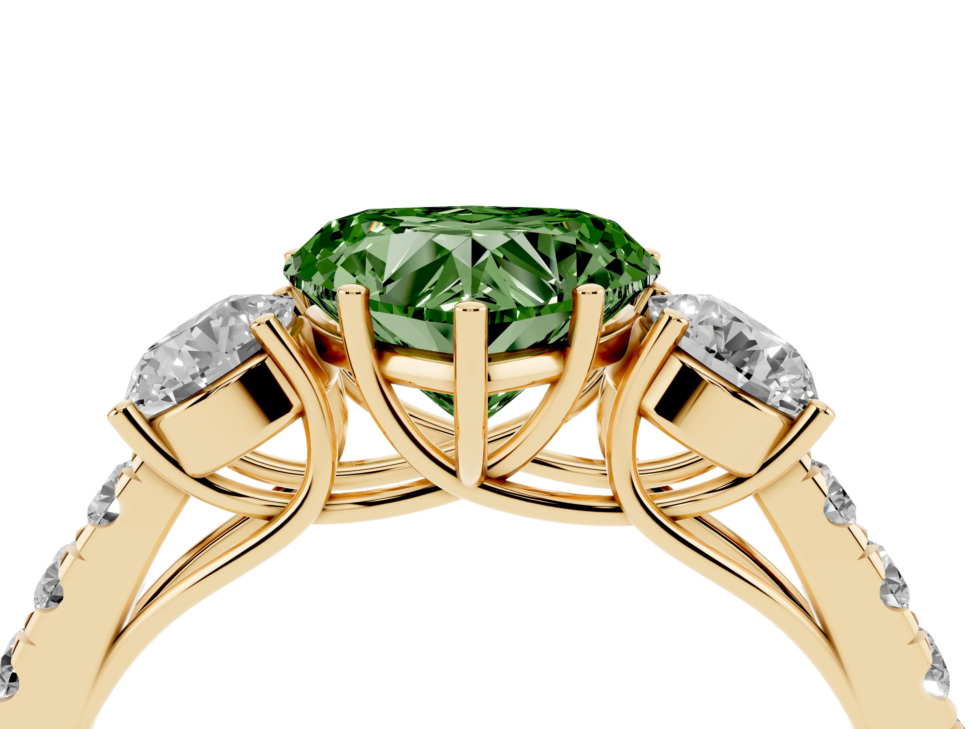 Fancy Green Heart Cut Diamond Three-Stone Ring Set in Yellow gold with Round Side Stones and Delicate Pavé Band