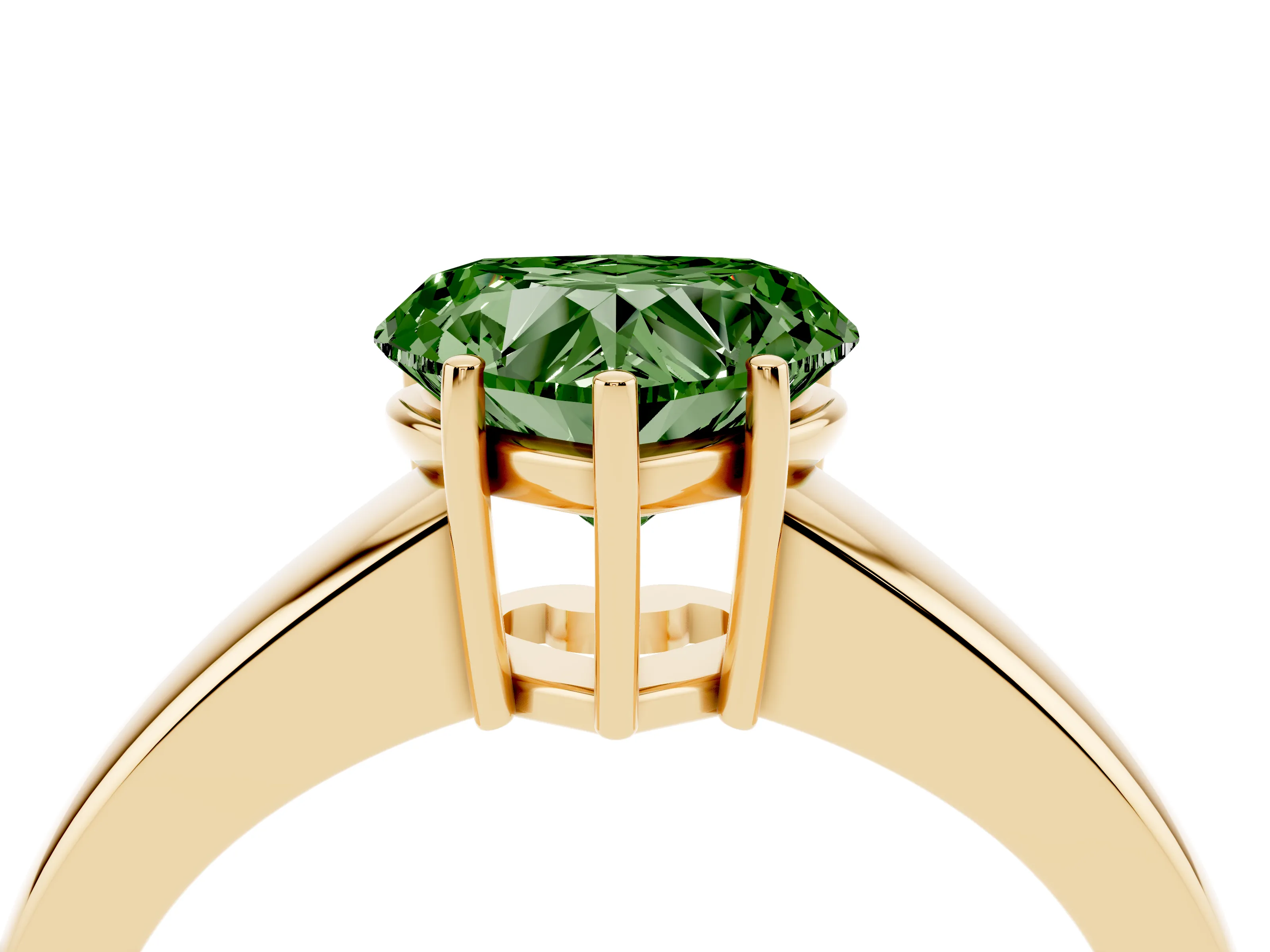 Fancy Green Heart Cut Diamond Solitaire Ring Set in Yellow gold with Tapered Band and Prong Setting