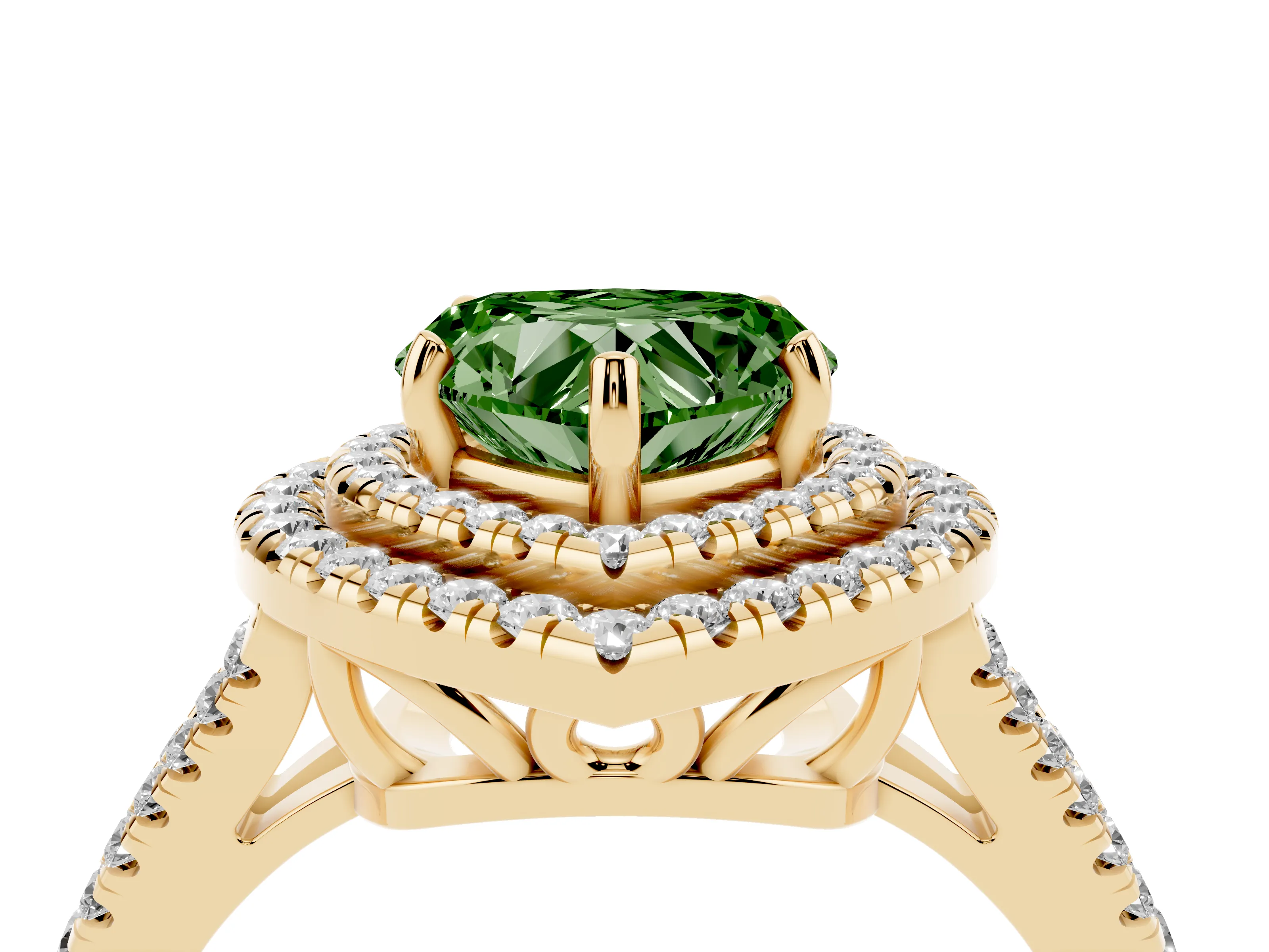 Fancy Green Heart Cut Diamond Double Halo Ring Set in Yellow gold with Pavé Band