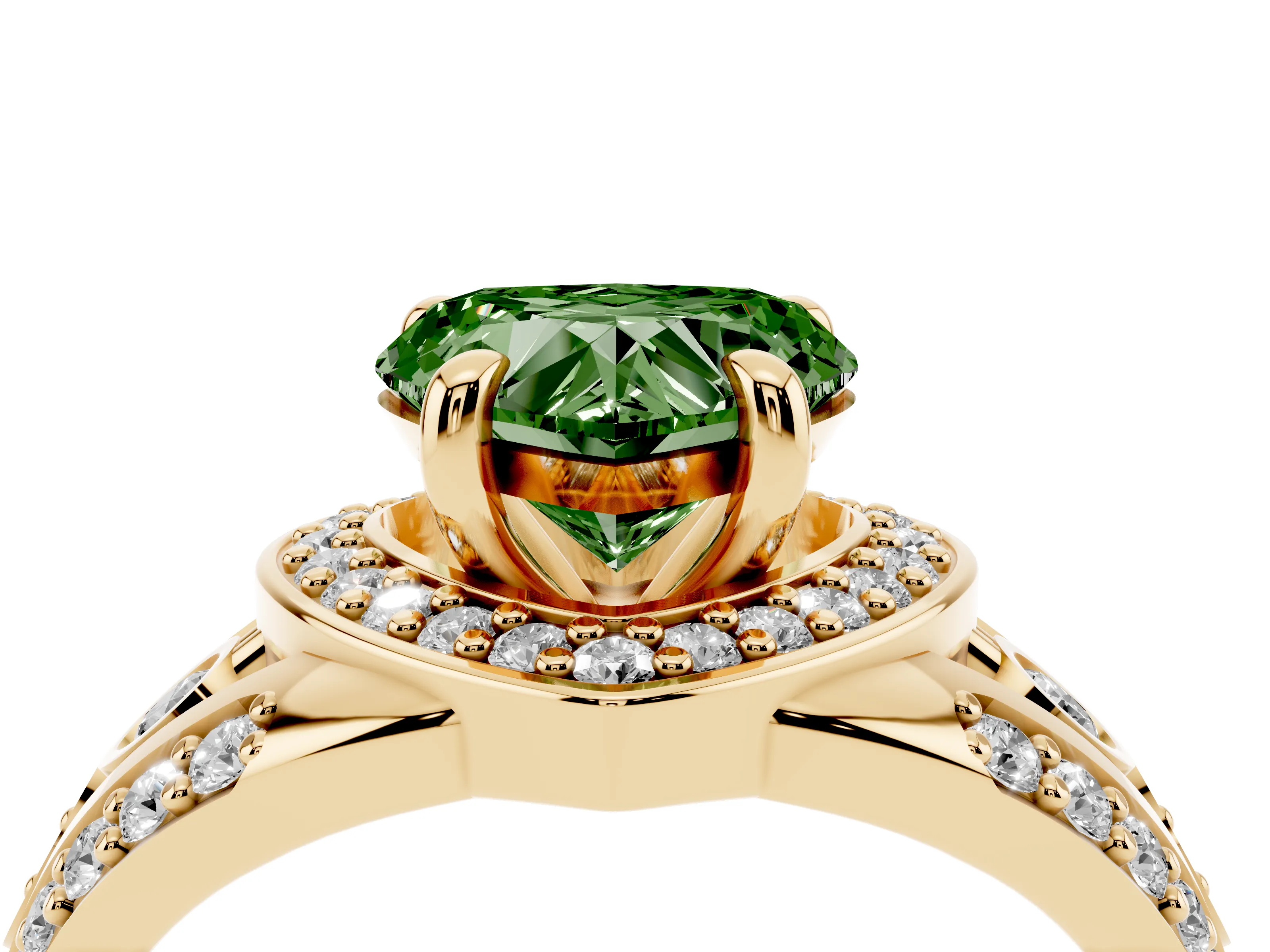 Fancy Green Heart Cut Diamond Halo Ring Set in Yellow gold with Pavé Split Shank and Bezel Accents