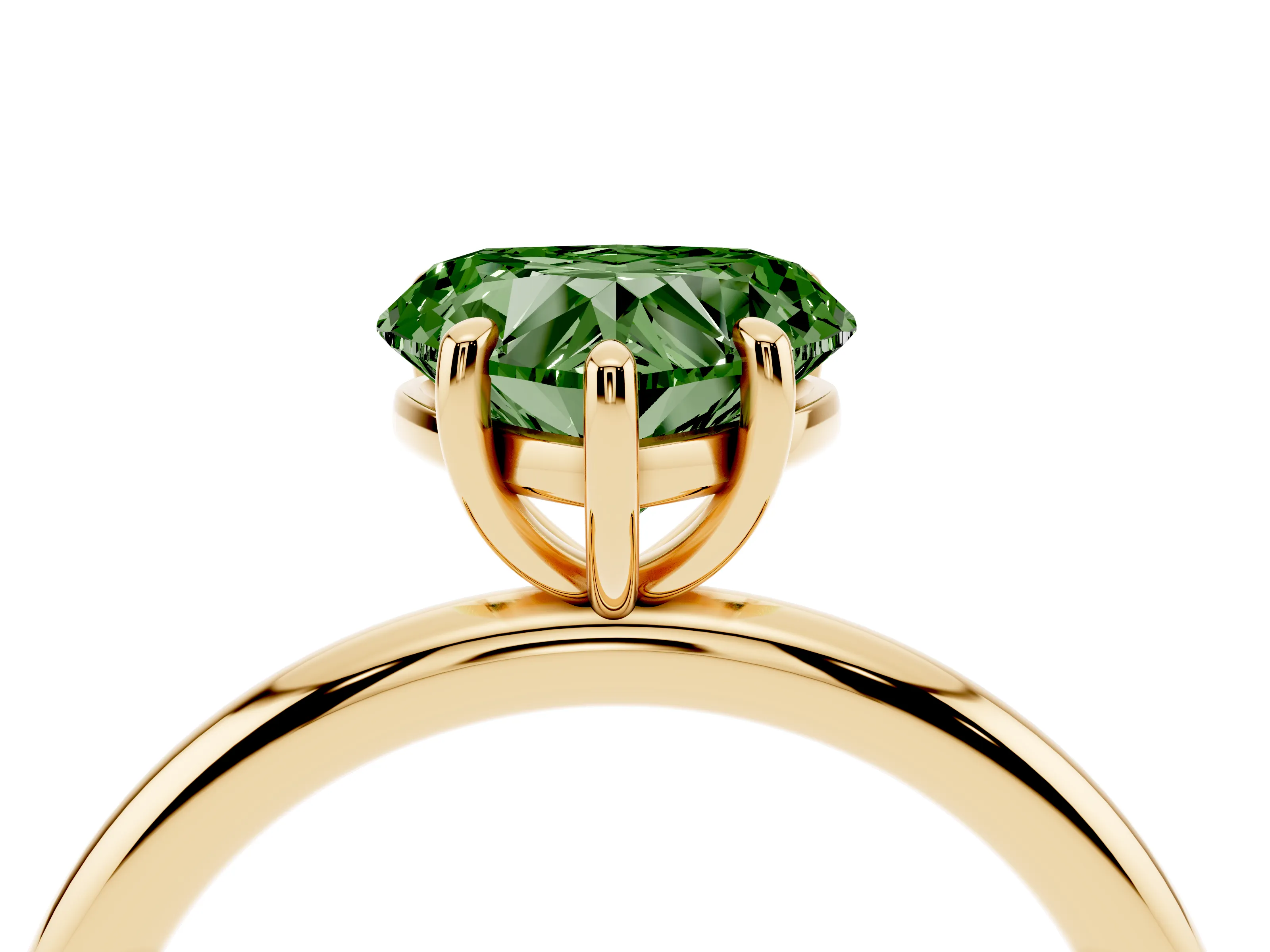 Fancy Green Heart Cut Diamond Solitaire Ring Set in Yellow gold with Prong Setting on a Polished Plain Band