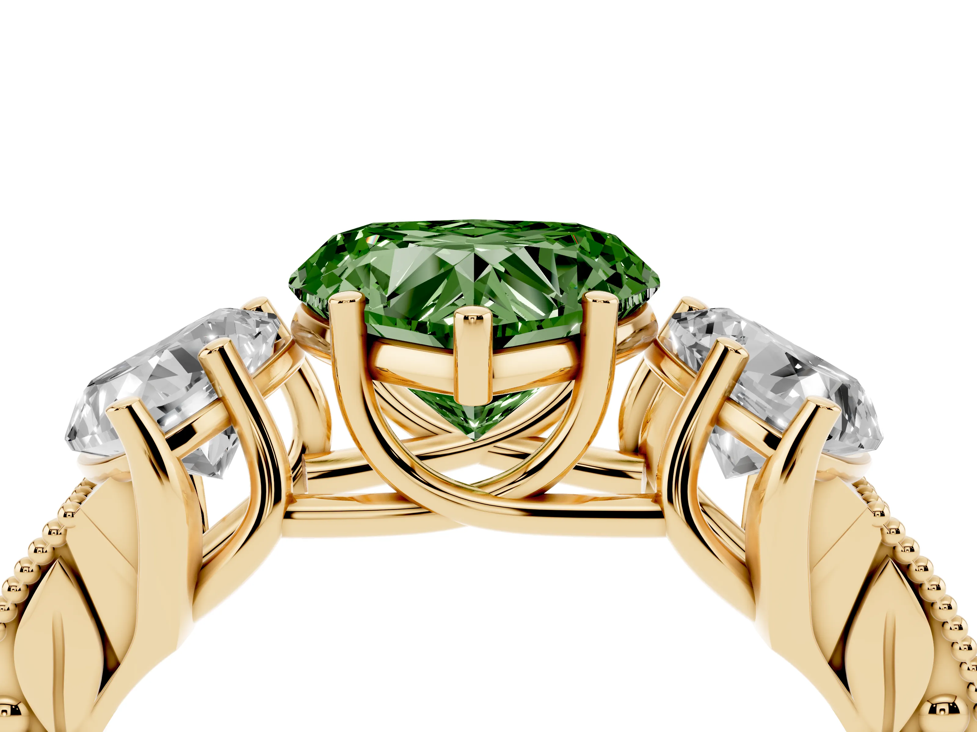 Fancy Green Heart Cut Diamond Three-Stone Engagement Ring Set in Yellow gold with Milgrain Pavé Band