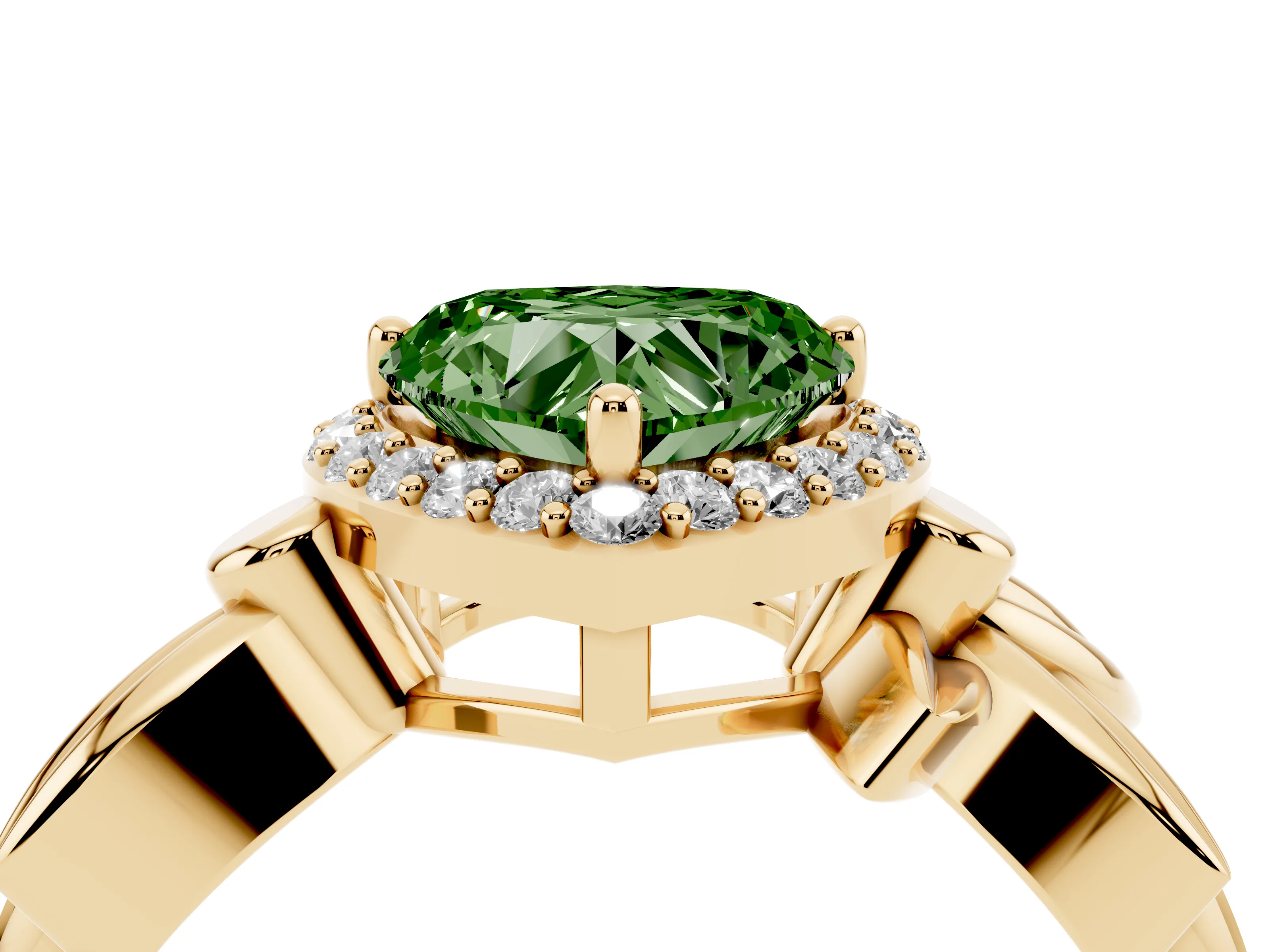 Fancy Green Heart Cut Diamond Halo Floral Band Ring Set in Yellow gold with Prong Setting