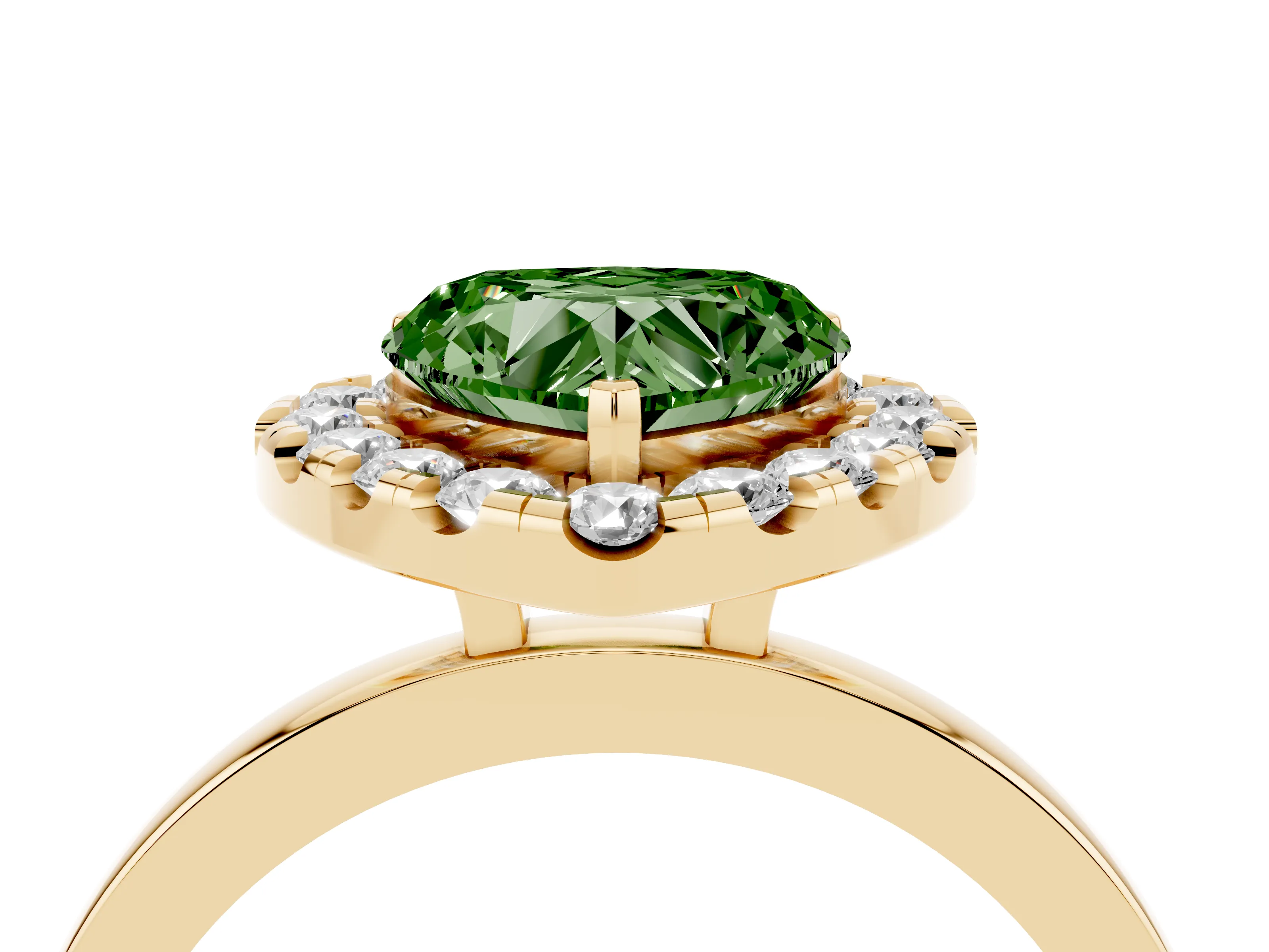 Fancy Green Heart Cut Diamond Halo Solitaire Ring Set in Yellow gold with Pavé Band and Prong Setting