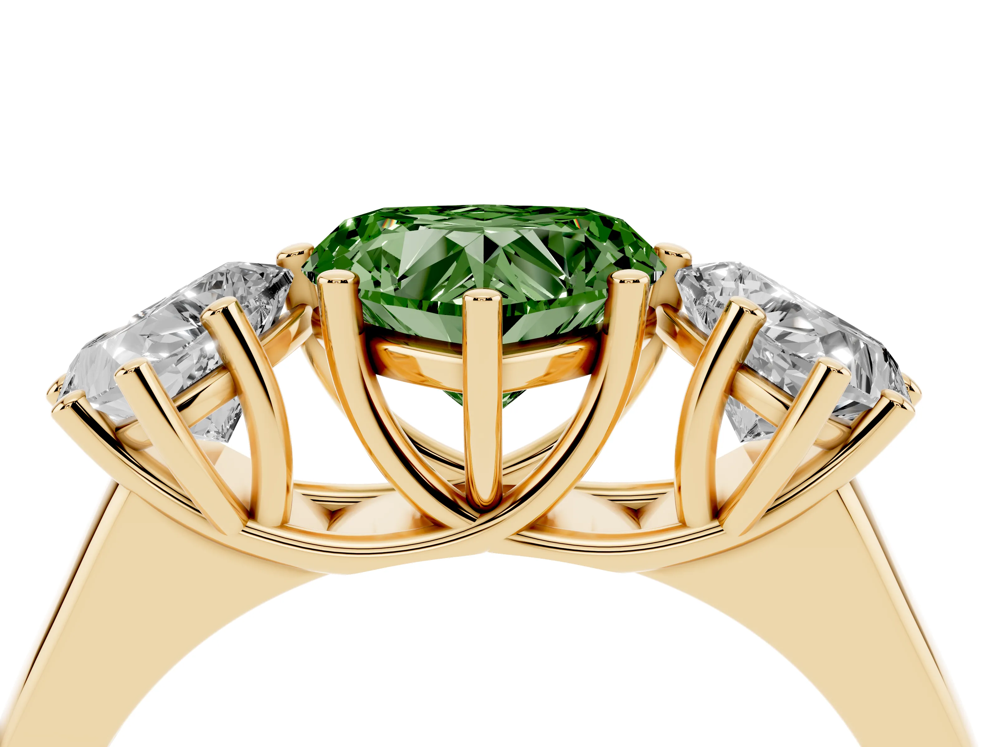 Fancy Green Heart Cut Diamond Three-Stone Ring Set in Yellow gold with Plain Polished Band