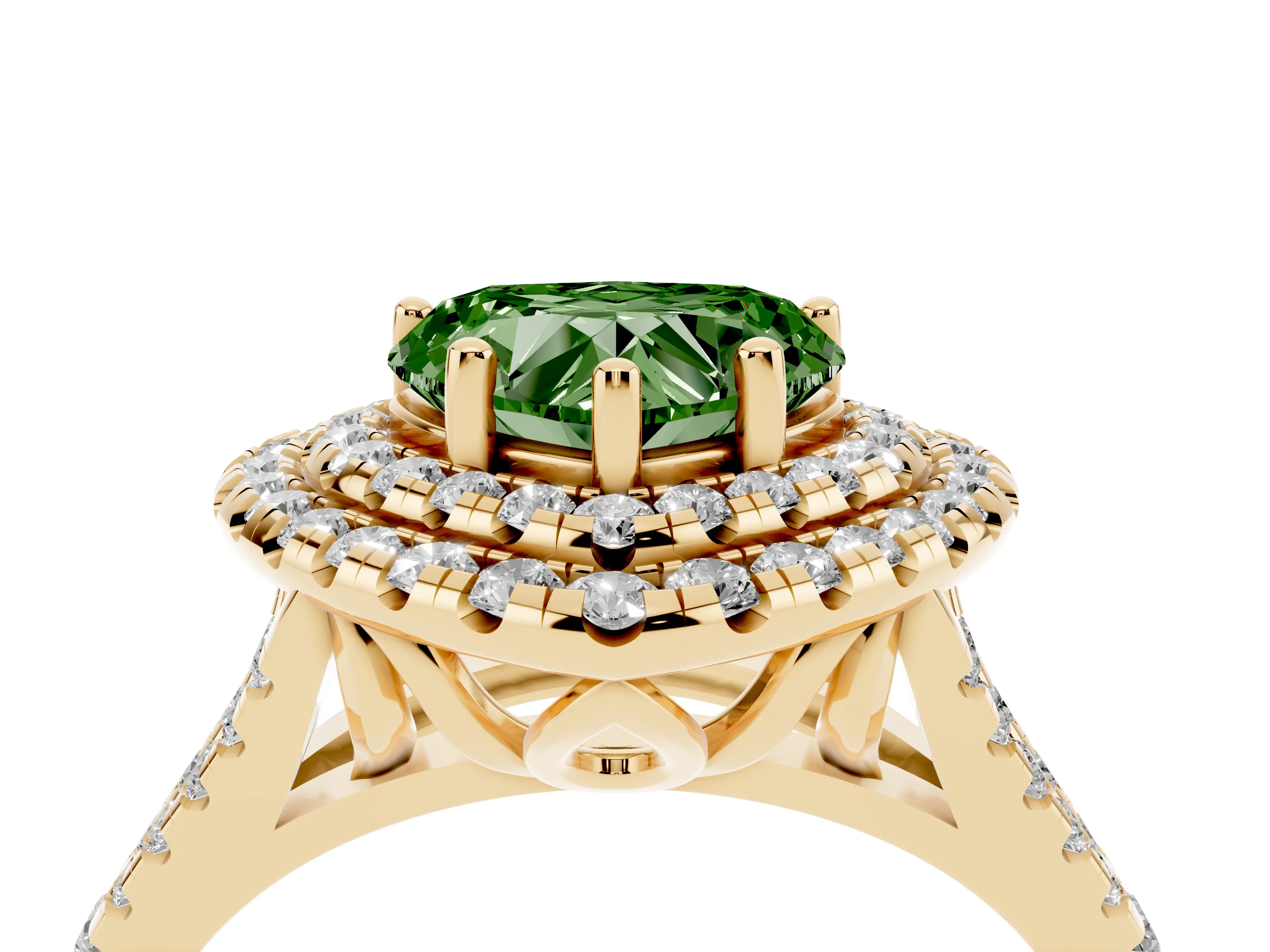 Fancy Green Heart Cut Diamond Double Halo Ring Set in Yellow gold with Pavé Split Shank and Prong Setting
