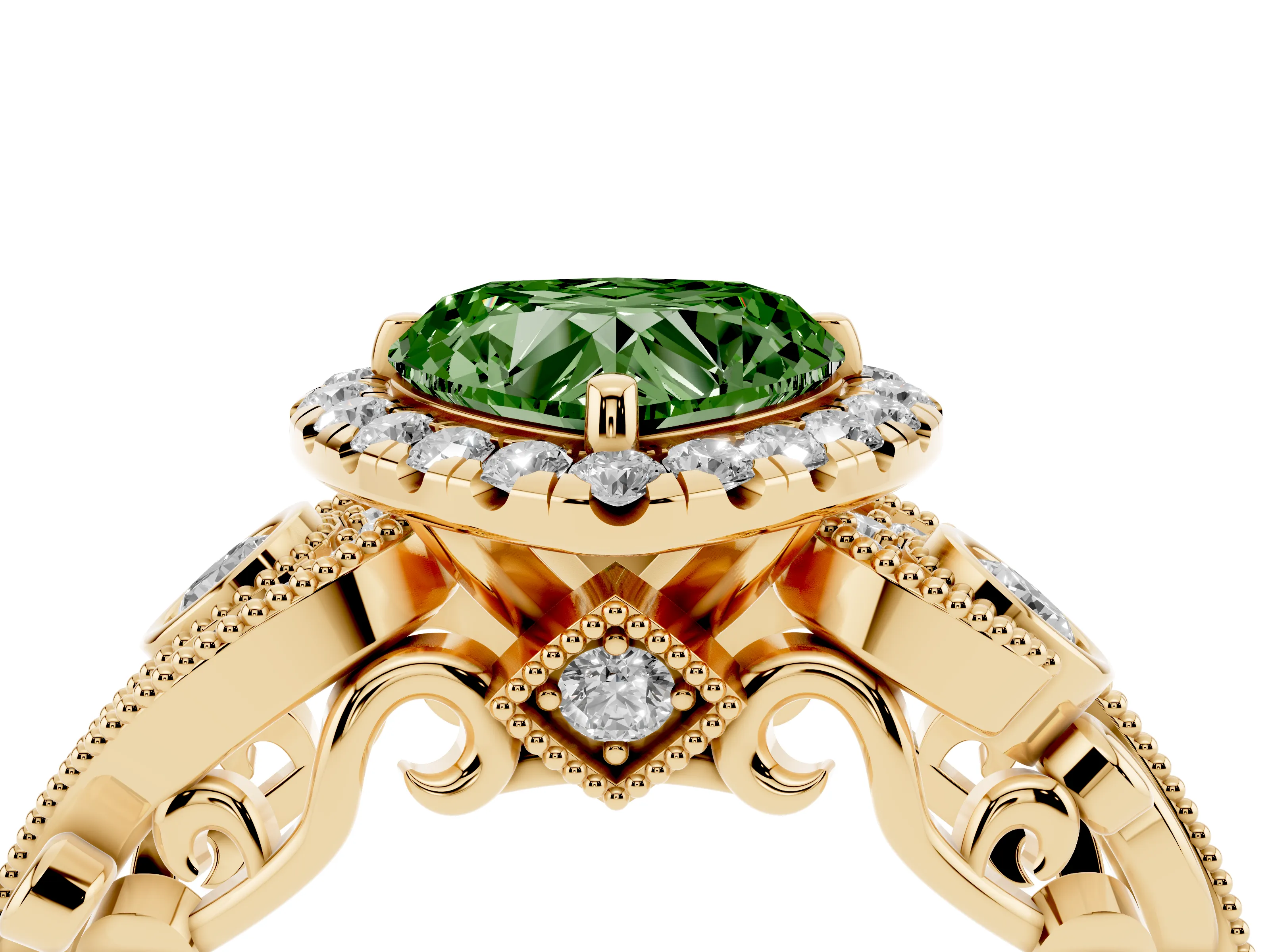 Fancy Green Heart Cut Diamond Halo Ring Set in Yellow gold with Milgrain Pavé Band and Prong Setting