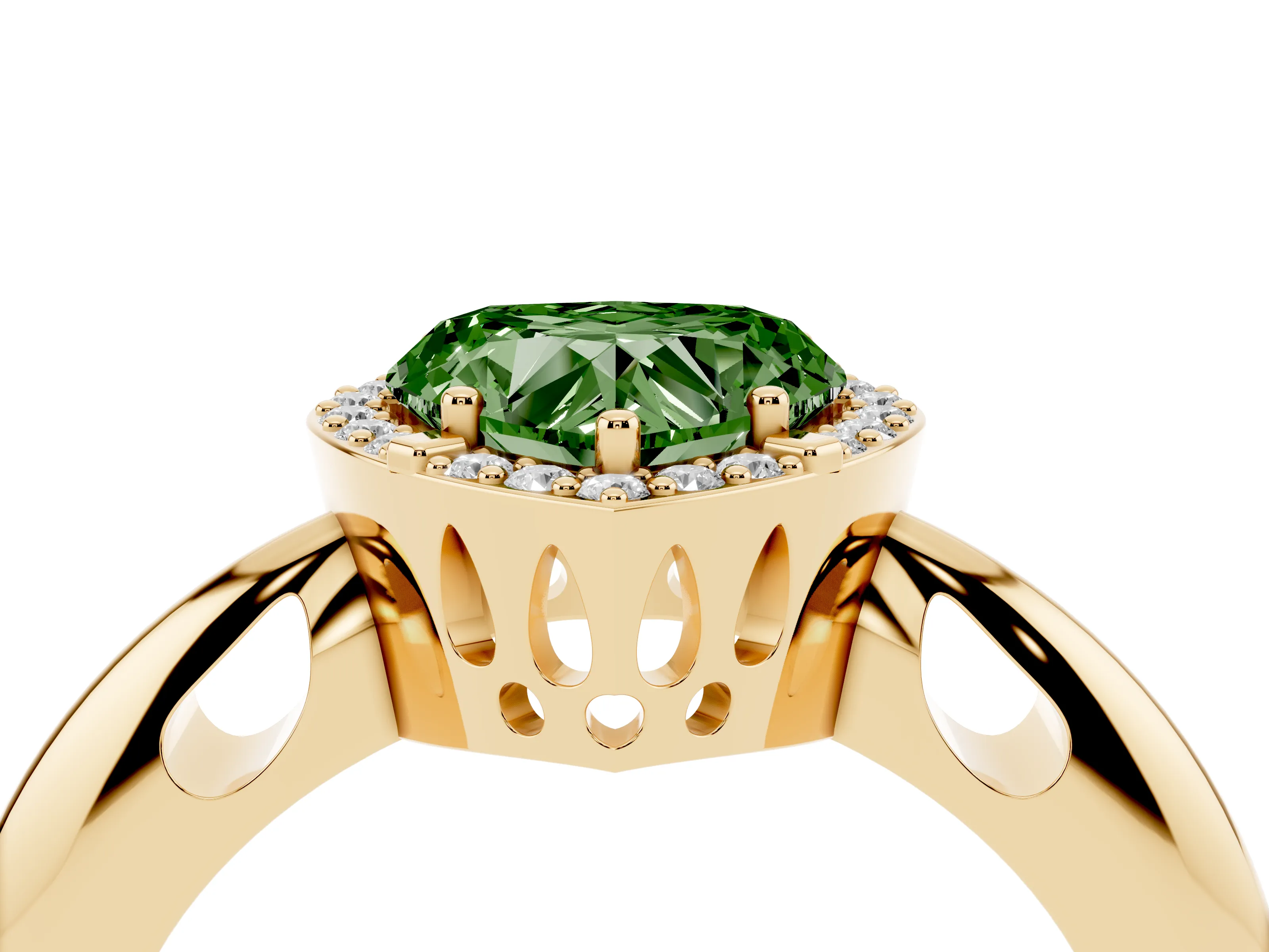 Fancy Green Heart Cut Diamond Halo Engagement Ring Set in Yellow gold with Plain Split Shank and Prong Setting