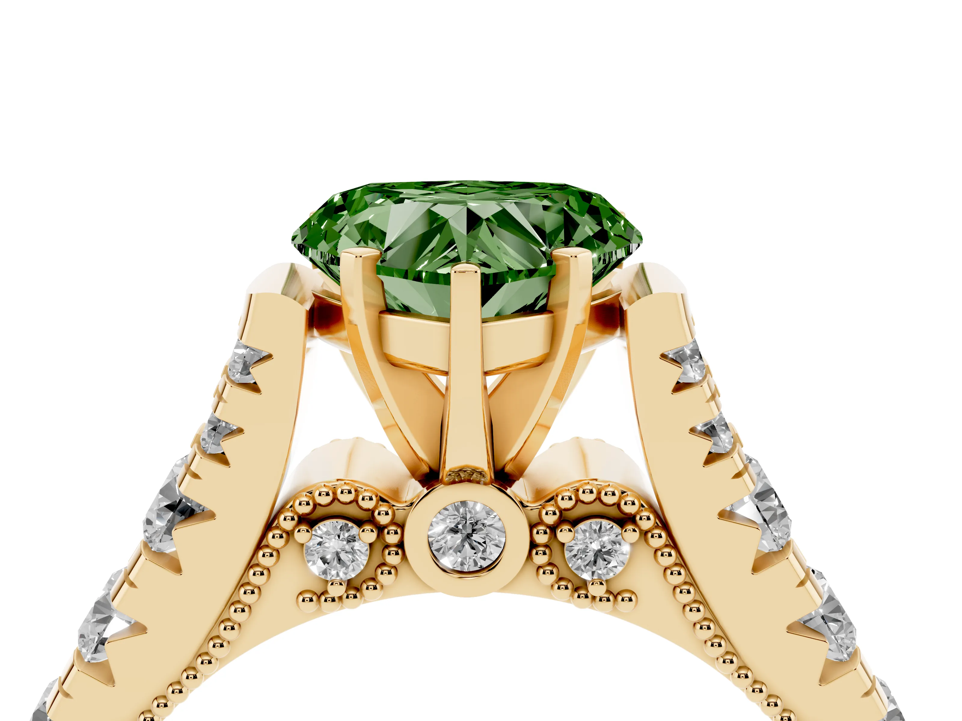 Fancy Green Heart Cut Diamond Classic Solitaire Ring Set in Yellow gold with Pavé Band and Prong Setting