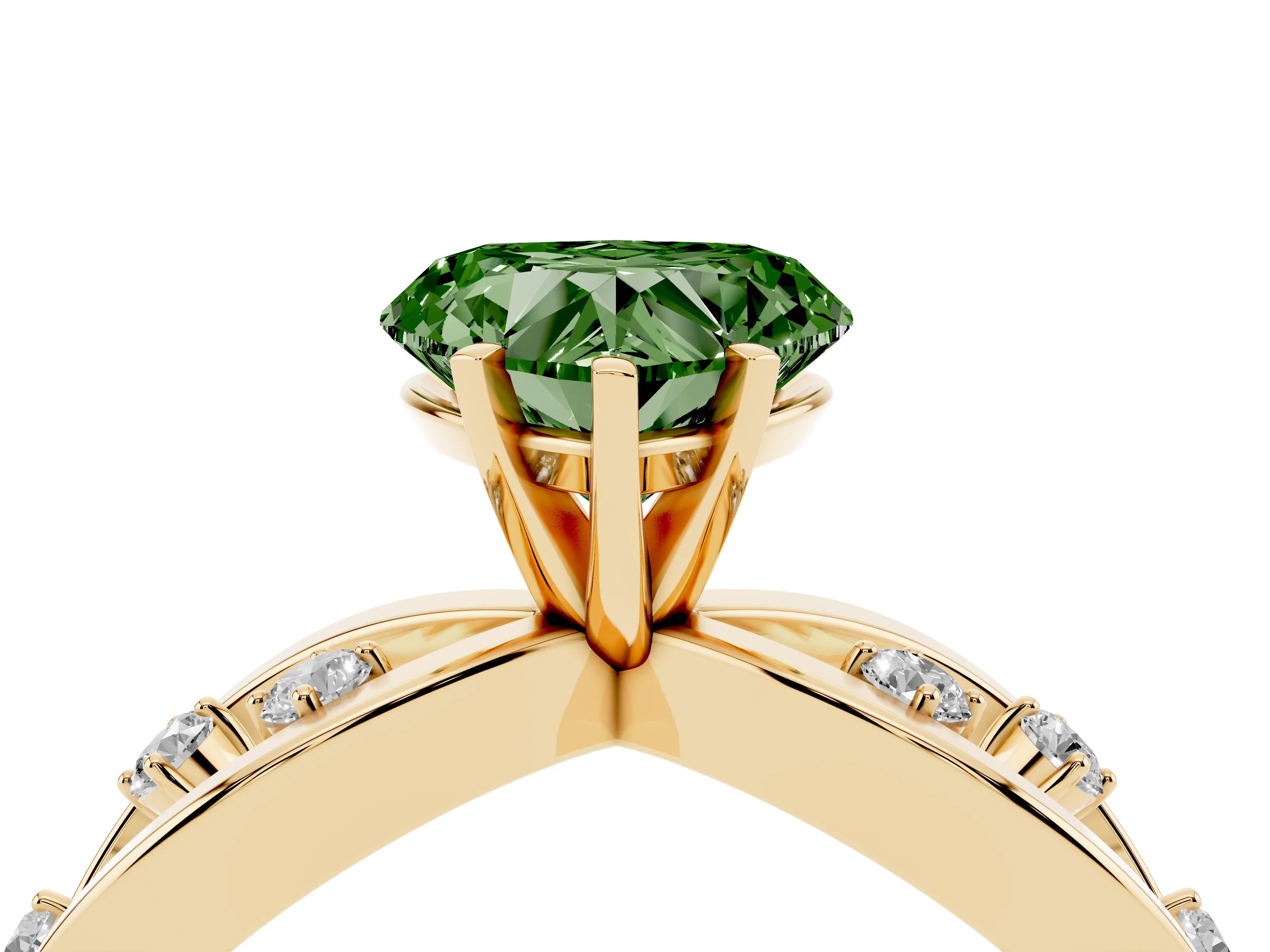 Fancy Green Heart Cut Diamond Solitaire Ring Set in Yellow gold with Side Stones on Criss-Cross Band and Prong Setting