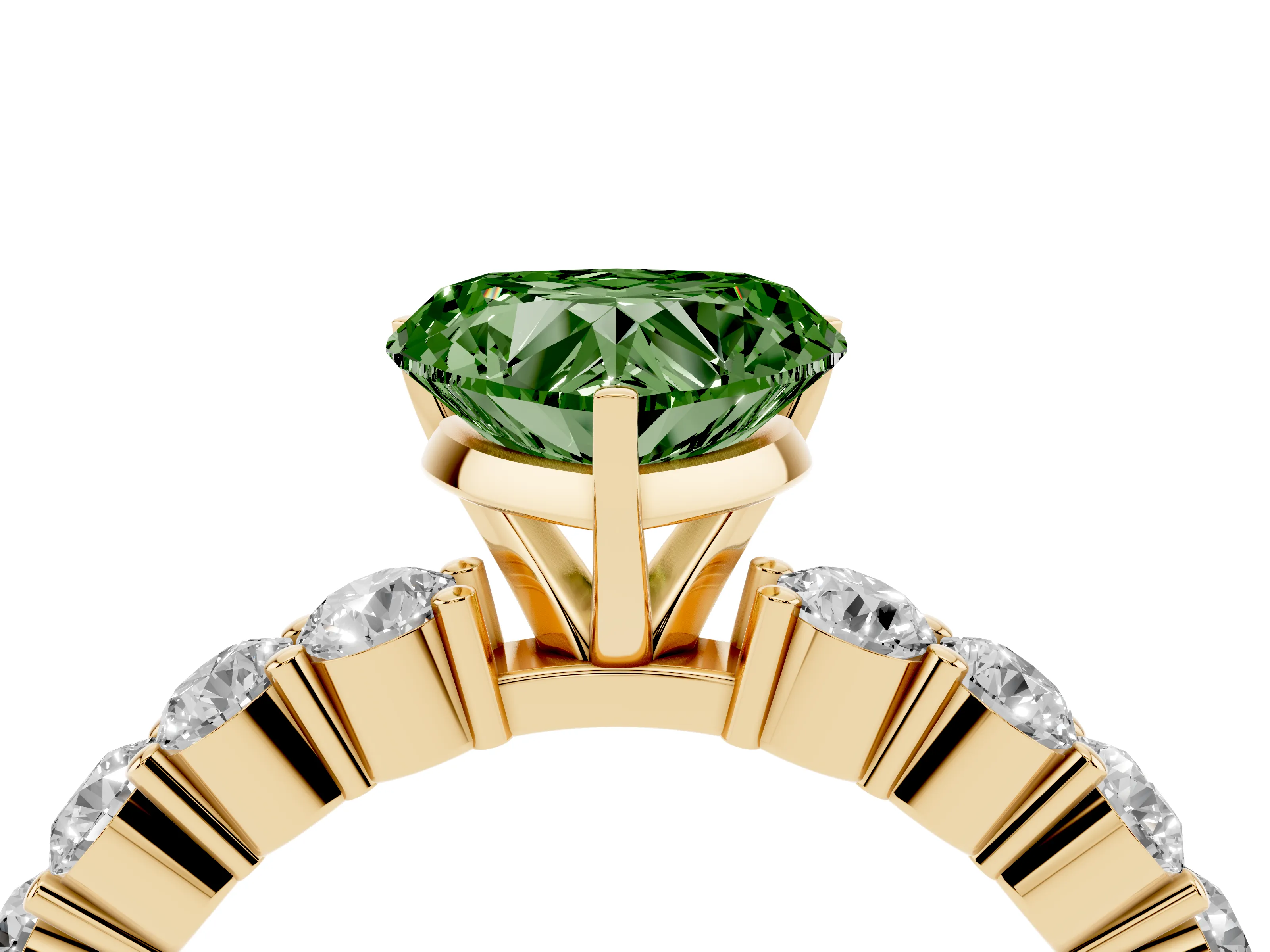 Fancy Green Heart Cut Diamond Solitaire Ring Set in Yellow gold with Shared Prong Round Side Stones