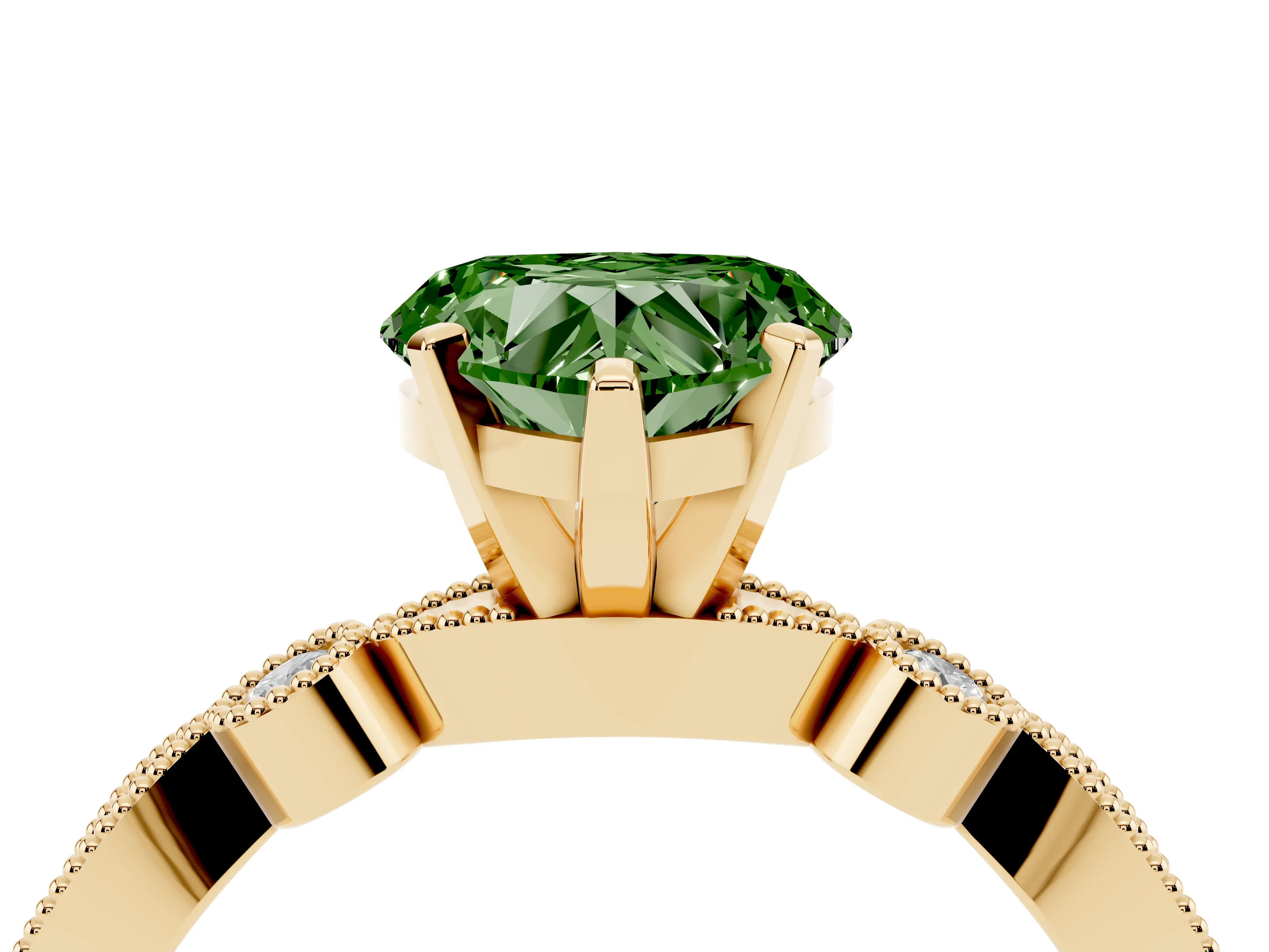 Fancy Green Heart Cut Diamond Solitaire Engagement Ring Set in Yellow gold with Milgrain Bezel Accent Band