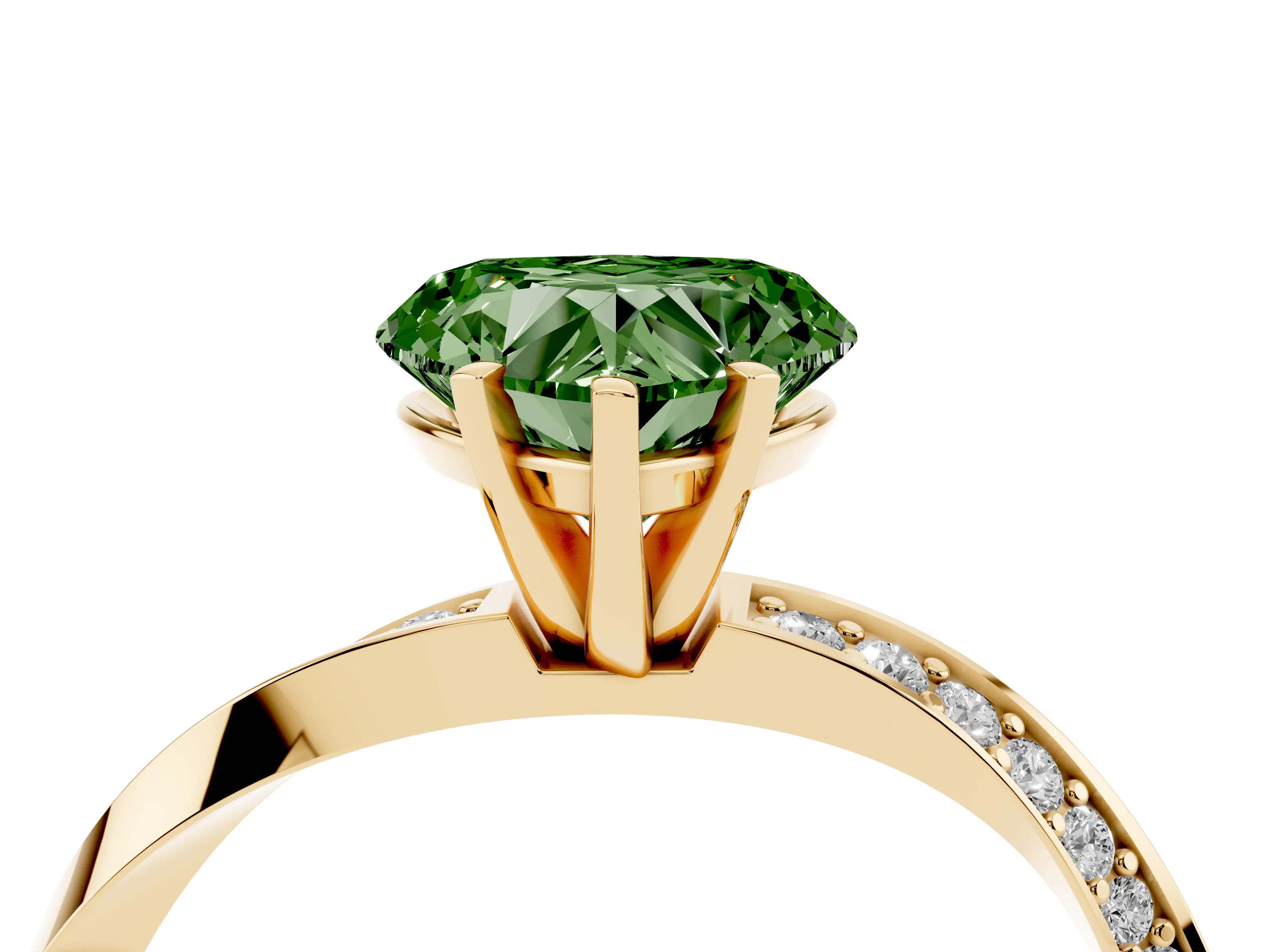 Fancy Green Heart Cut Diamond Engagement Ring Set in Yellow gold with Side Stone Accents and Prong Setting