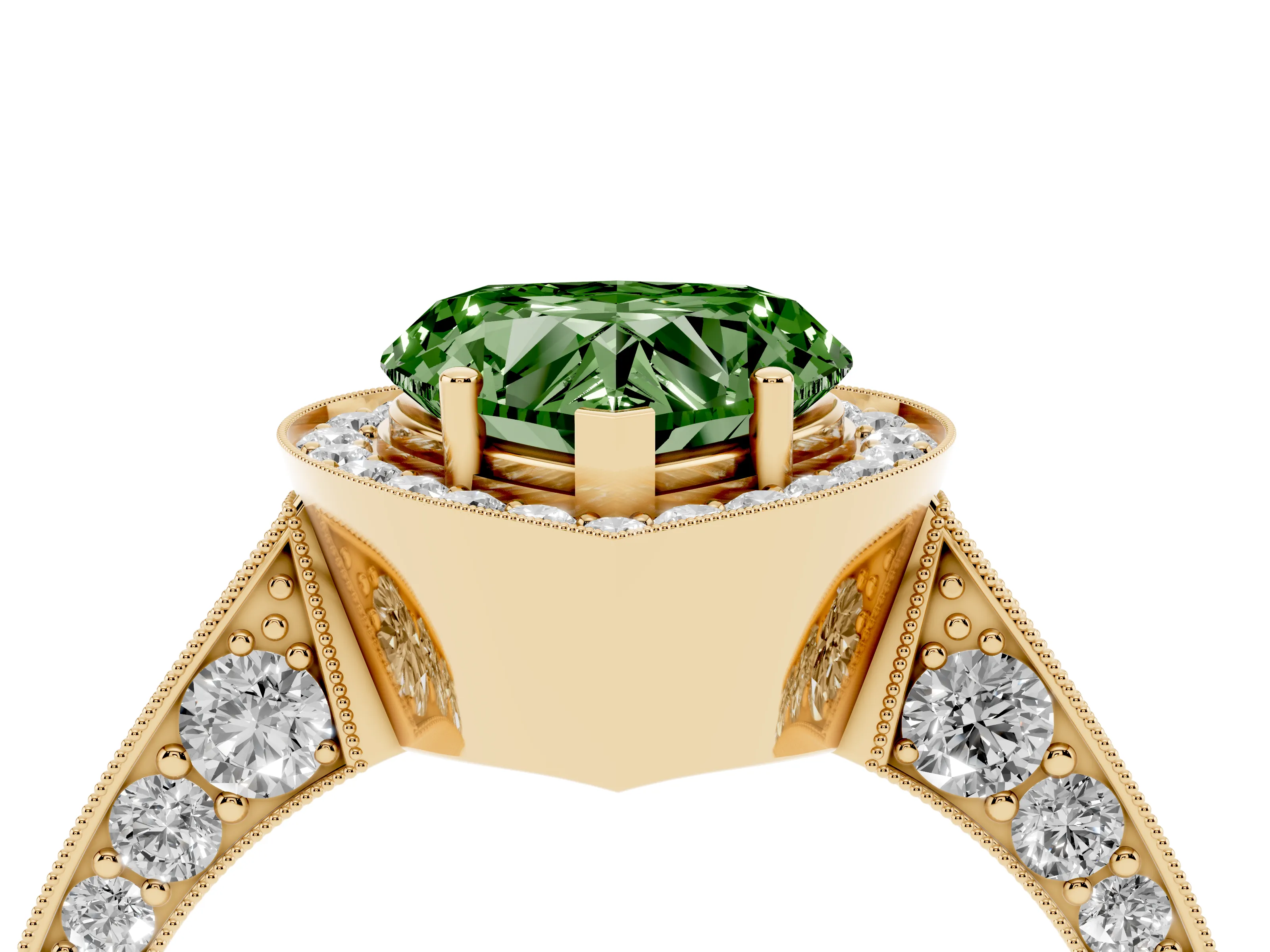 Fancy Green Heart Cut Diamond Halo Engagement Ring Set in Yellow gold with Accent Split Shank Band