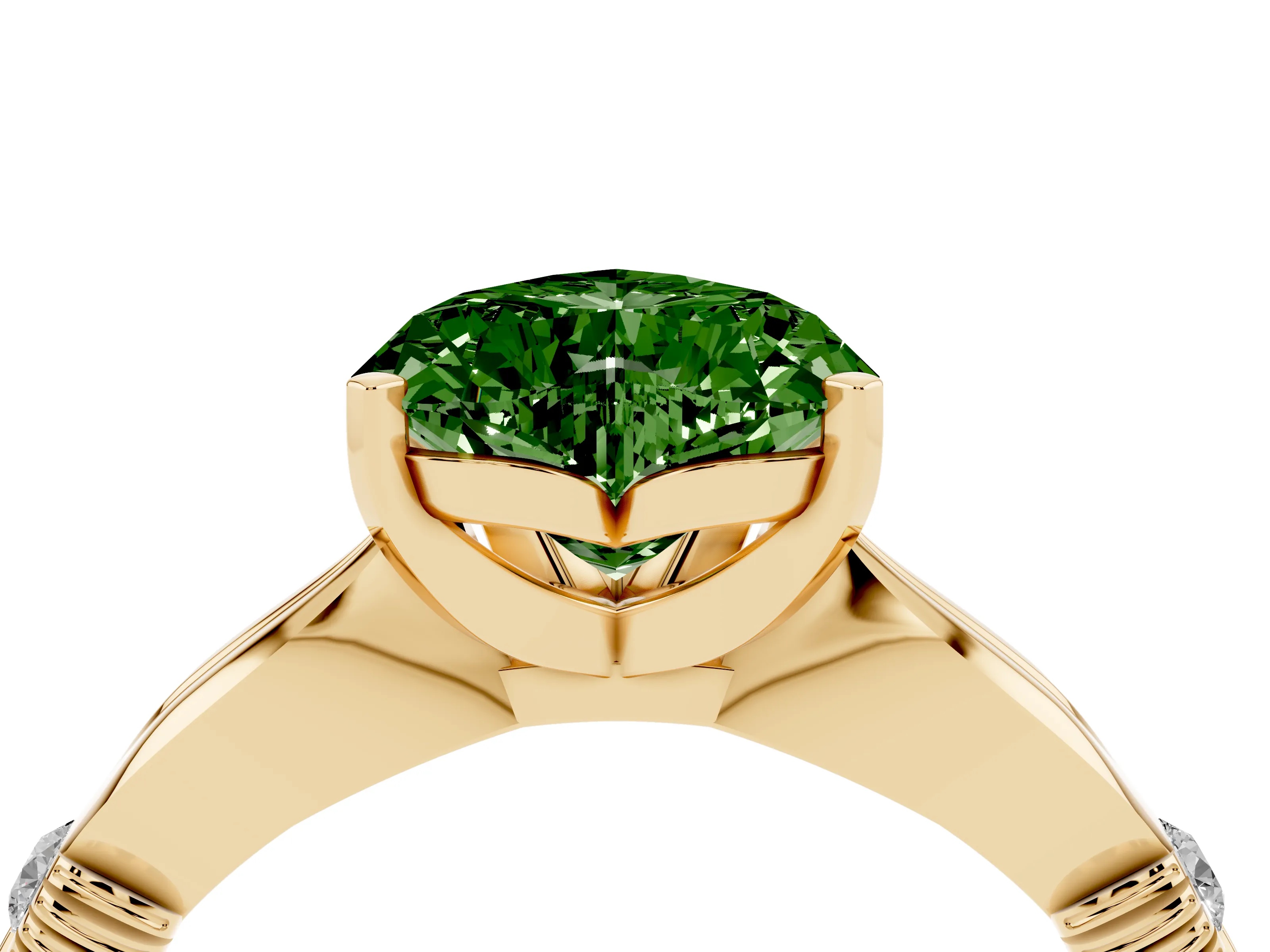 Fancy Green Heart Cut Diamond Solitaire Twisted Band Ring Set in Yellow gold with Accent Stones and Prong Setting