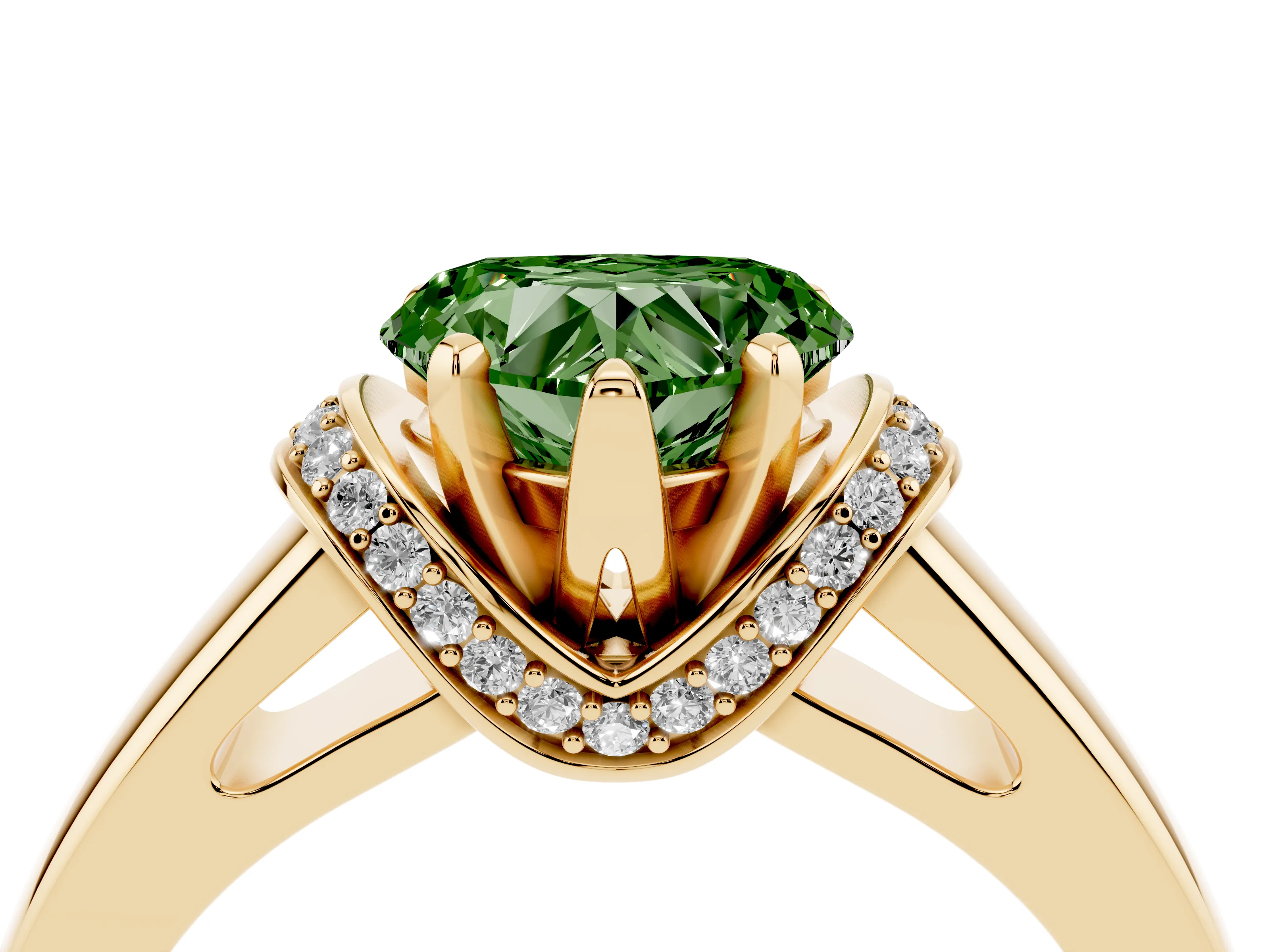 Fancy Green Heart Cut Diamond Pavé Band Solitaire Ring Set in Yellow gold with Prong Setting