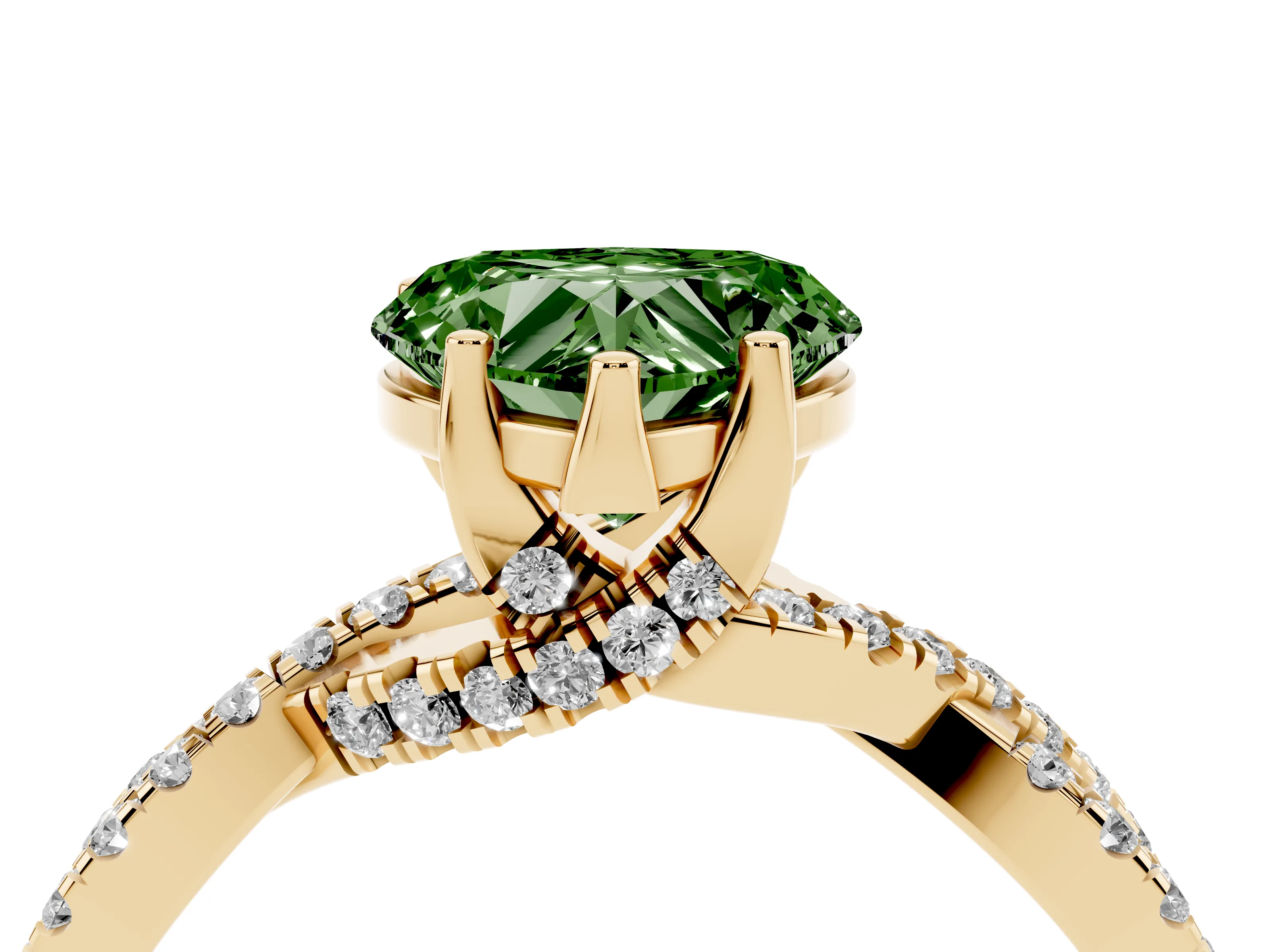Fancy Green Heart Cut Diamond Twist Pavé Solitaire Engagement Ring Set in Yellow gold with Prong Setting