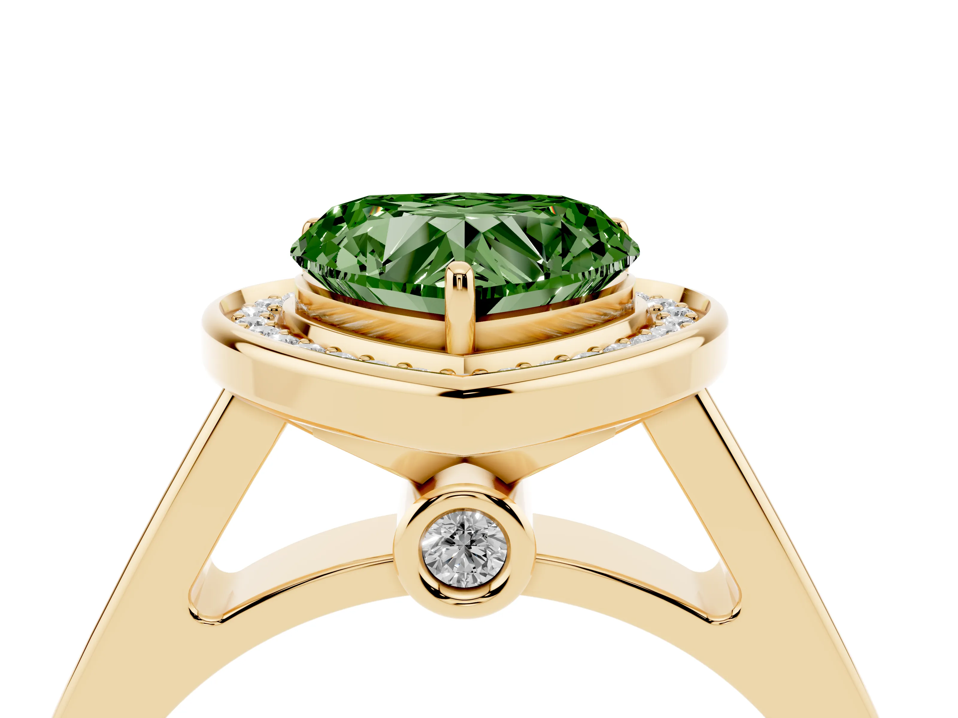 Fancy Green Heart Cut Diamond Halo Solitaire Ring Set in Yellow gold with Pavé Band and Bezel Setting