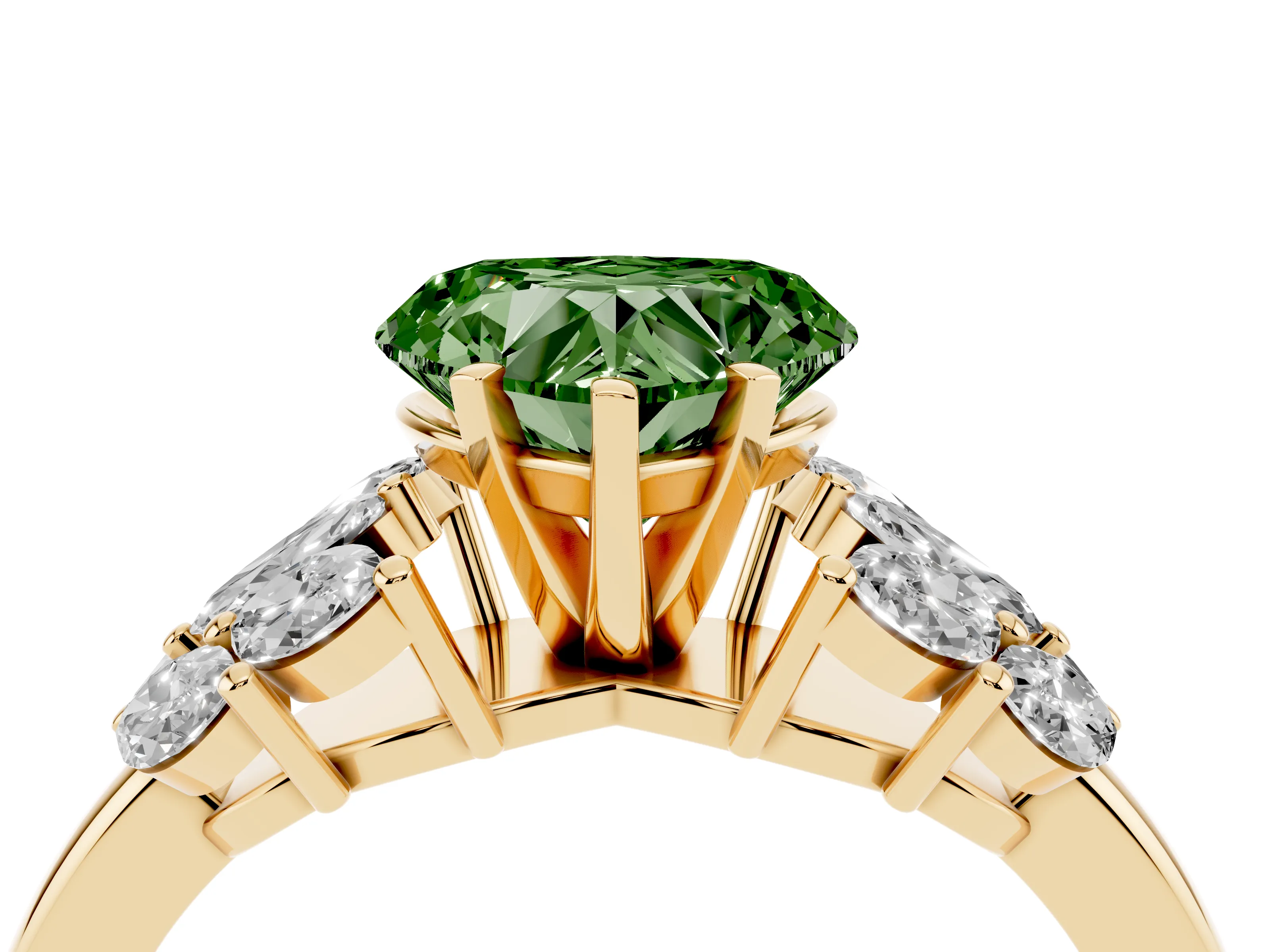 Fancy Green Heart Cut Diamond Cluster Leaf Design Ring Set in Yellow gold with Prong Setting