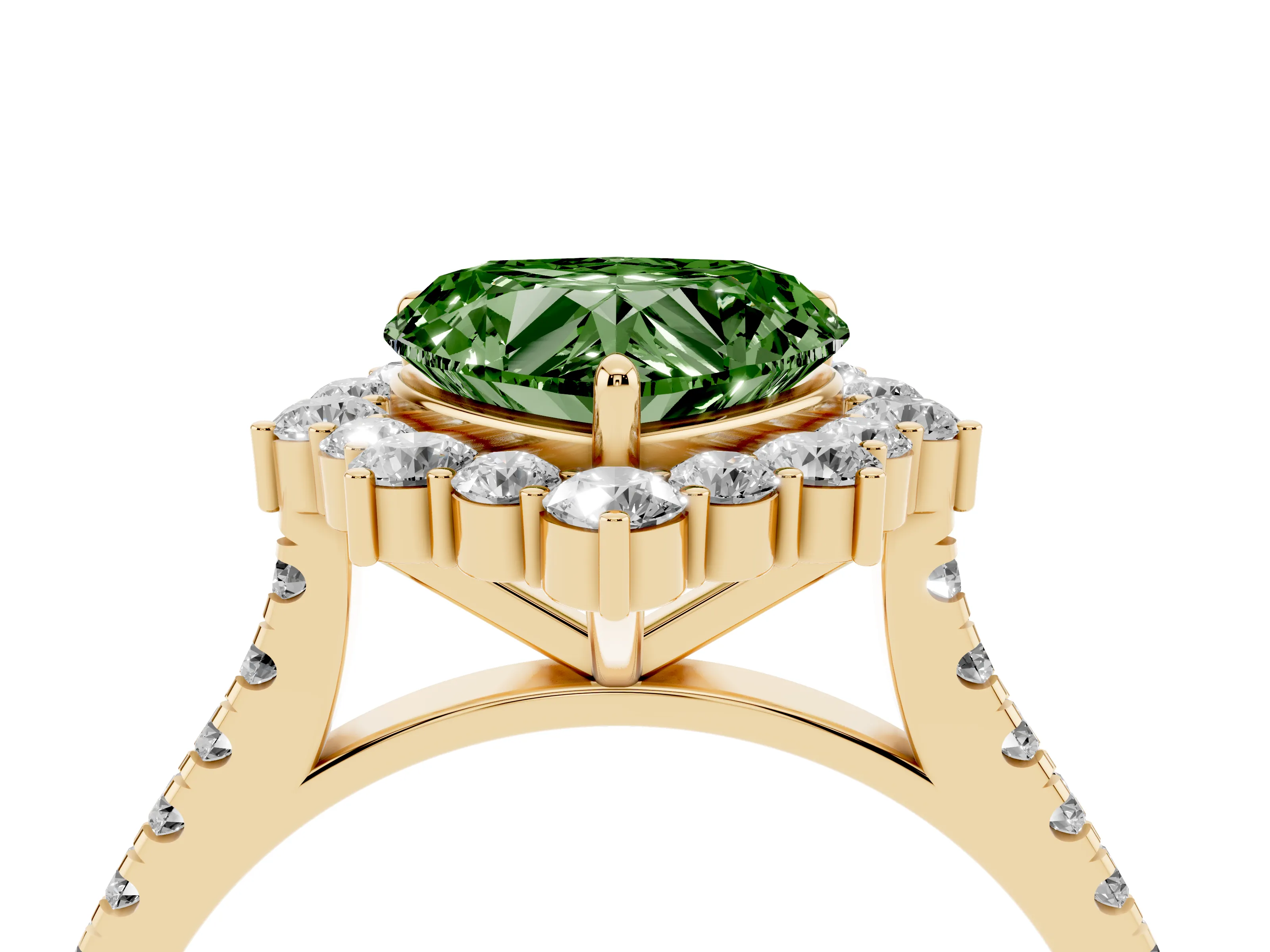Fancy Green Heart Cut Diamond Halo Ring Set in Yellow gold with Pavé Band and Prong Setting