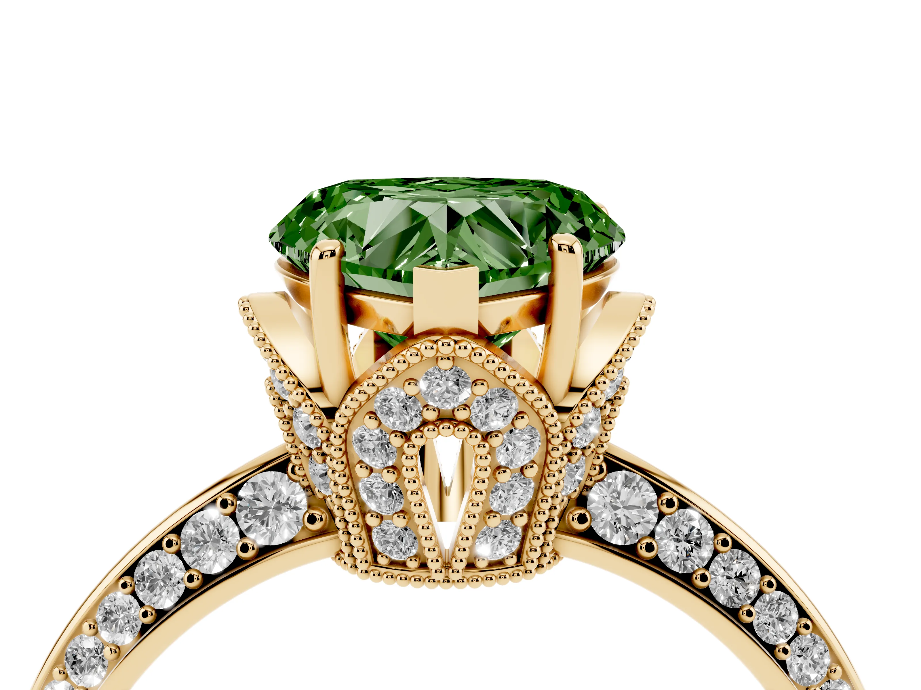 Fancy Green Heart Cut Diamond Solitaire Engagement Ring Set in Yellow gold with Pavé Split Shank and Prong Setting