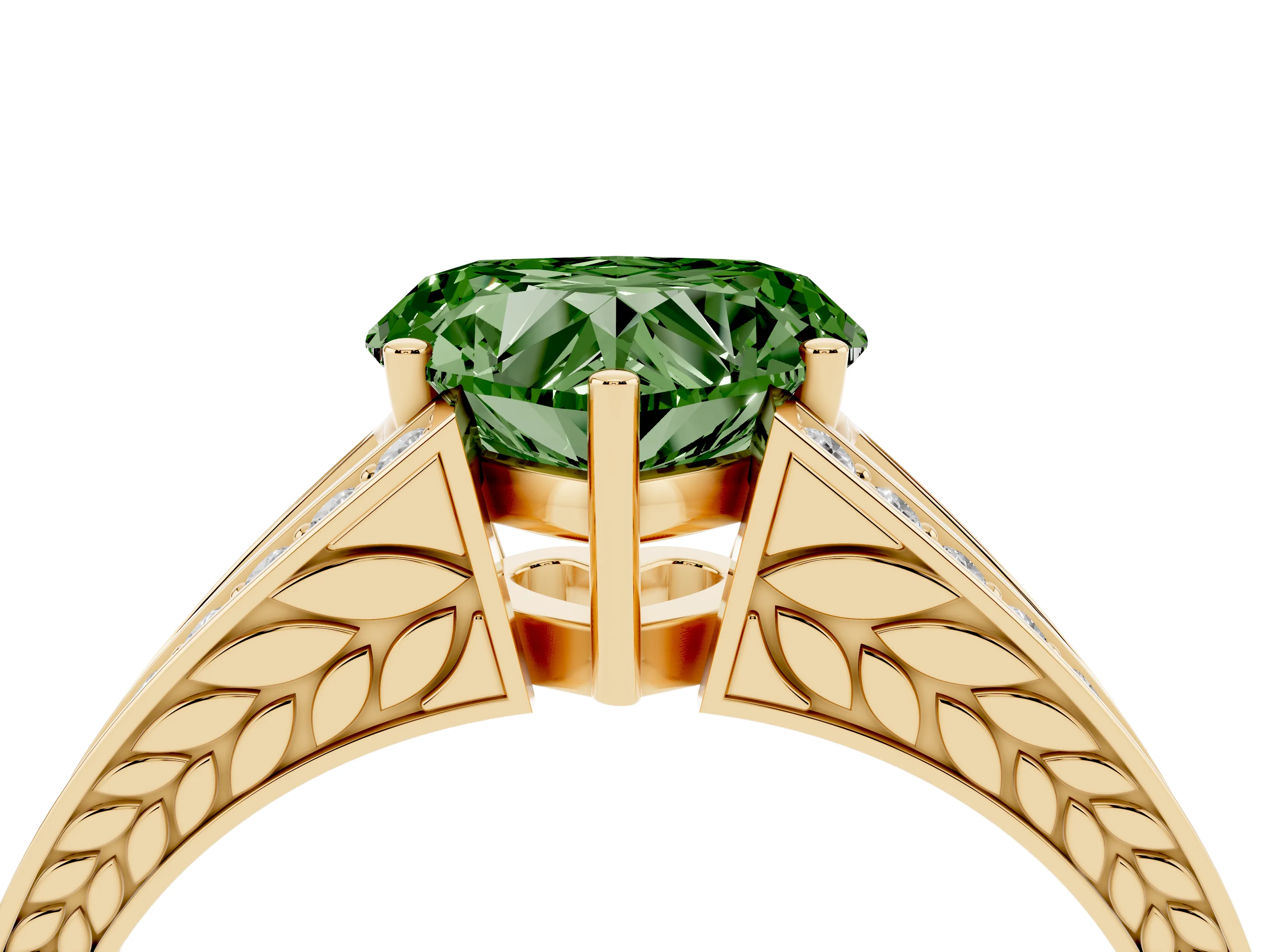 Fancy Green Heart Cut Diamond Split Shank Ring Set in Yellow gold with Pavé Band and Prong Setting