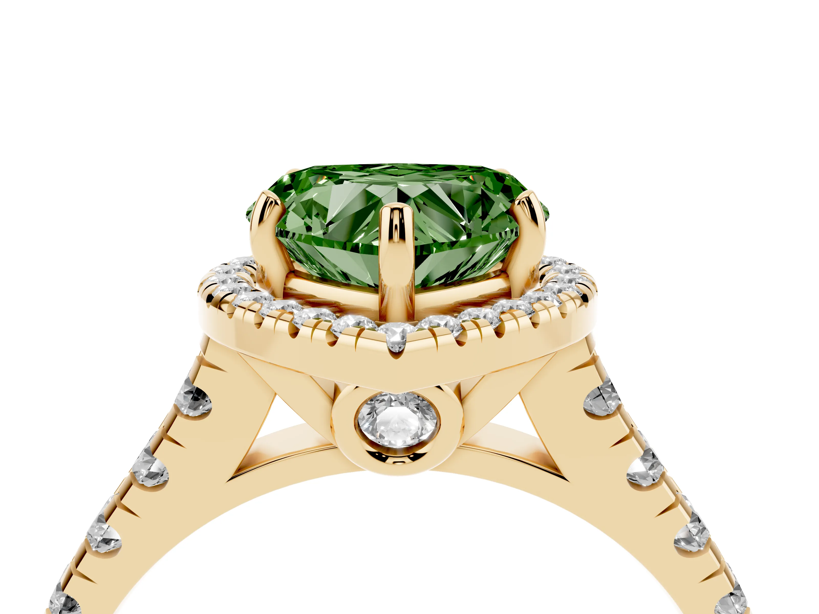 Fancy Green Heart Cut Diamond Halo Engagement Ring Set in Yellow gold with Pavé Band and Prong-Set Center