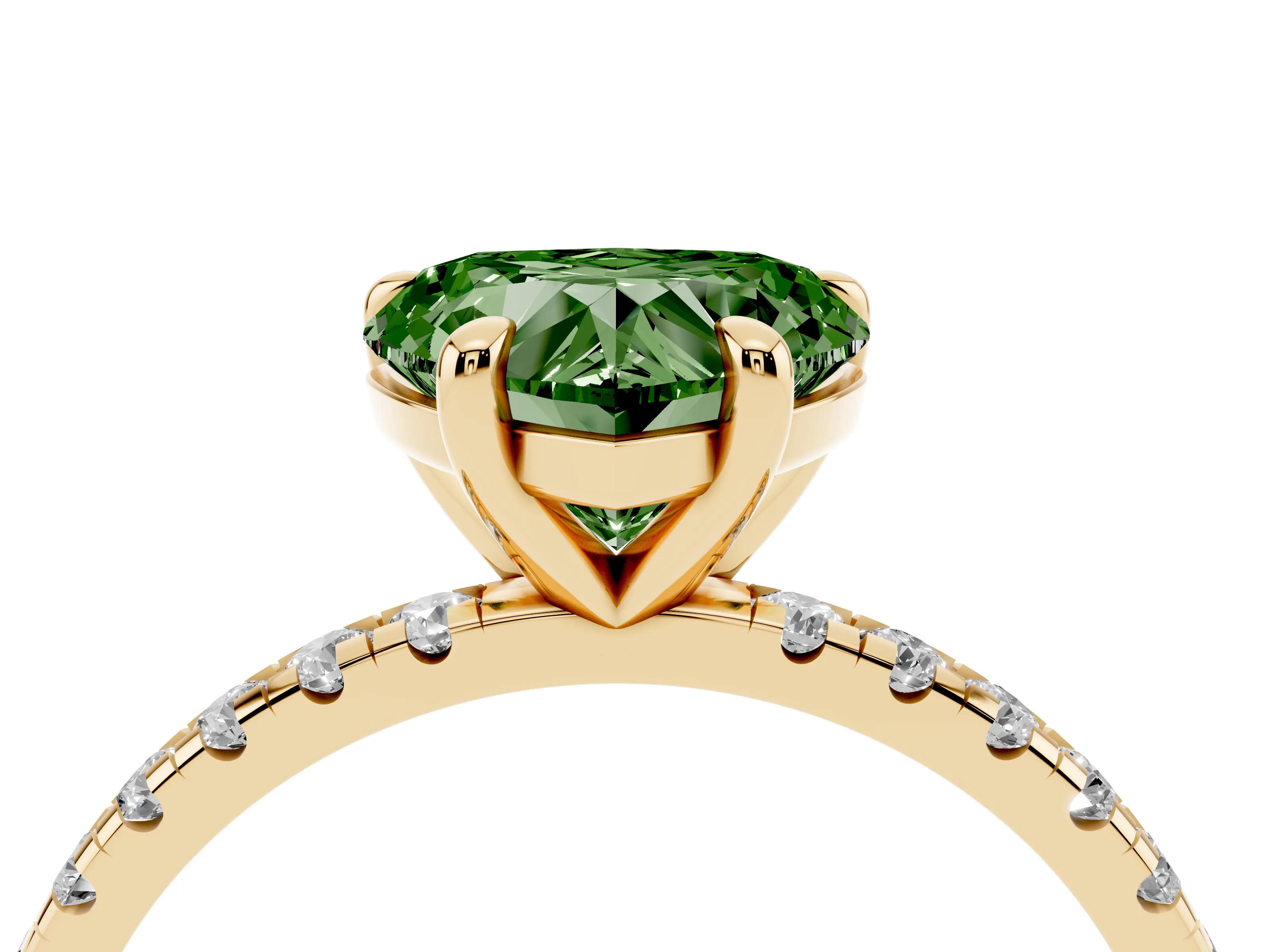 Fancy Green Heart Cut Diamond Brilliant Solitaire Ring Set in Yellow gold with Pavé Band and Prong Setting