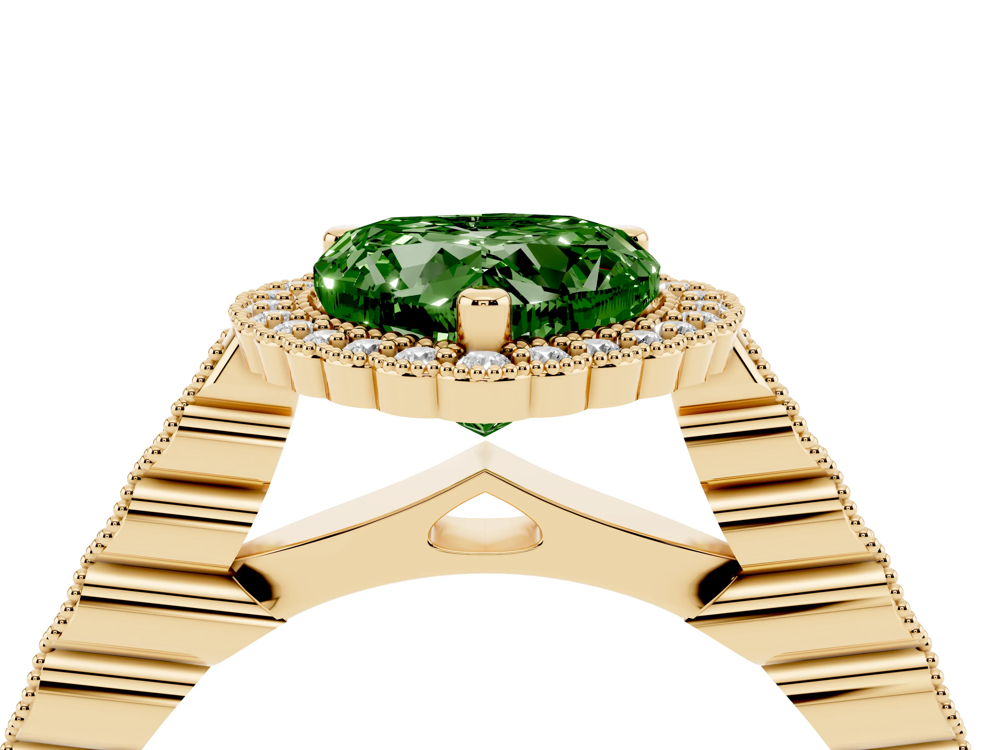 Fancy Green Heart Cut Diamond Halo Ring Set in Yellow gold with Pavé Milgrain Band