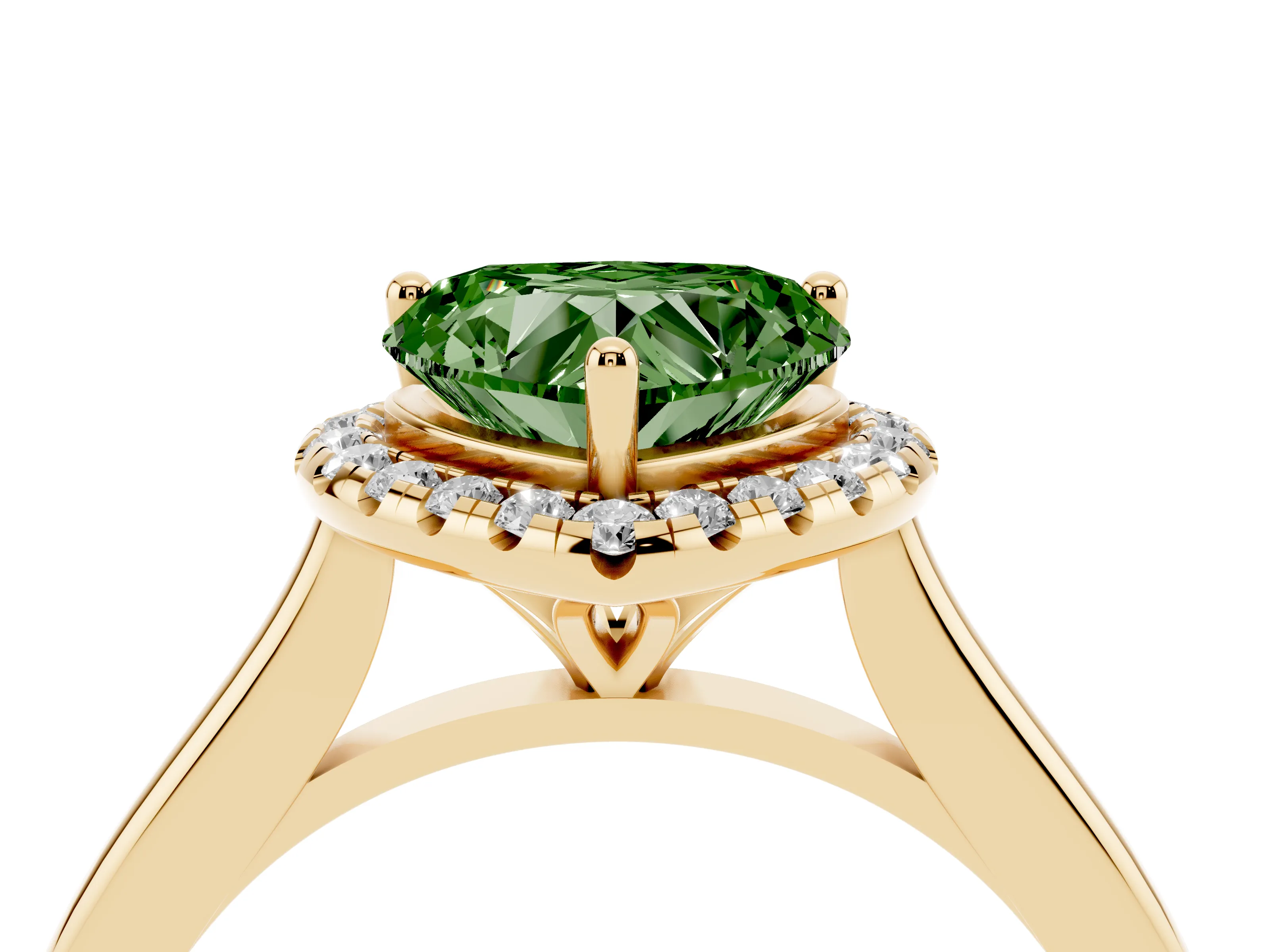 Fancy Green Heart Cut Diamond Halo Engagement Ring Set in Yellow gold with Pavé Band and Rising Shoulders