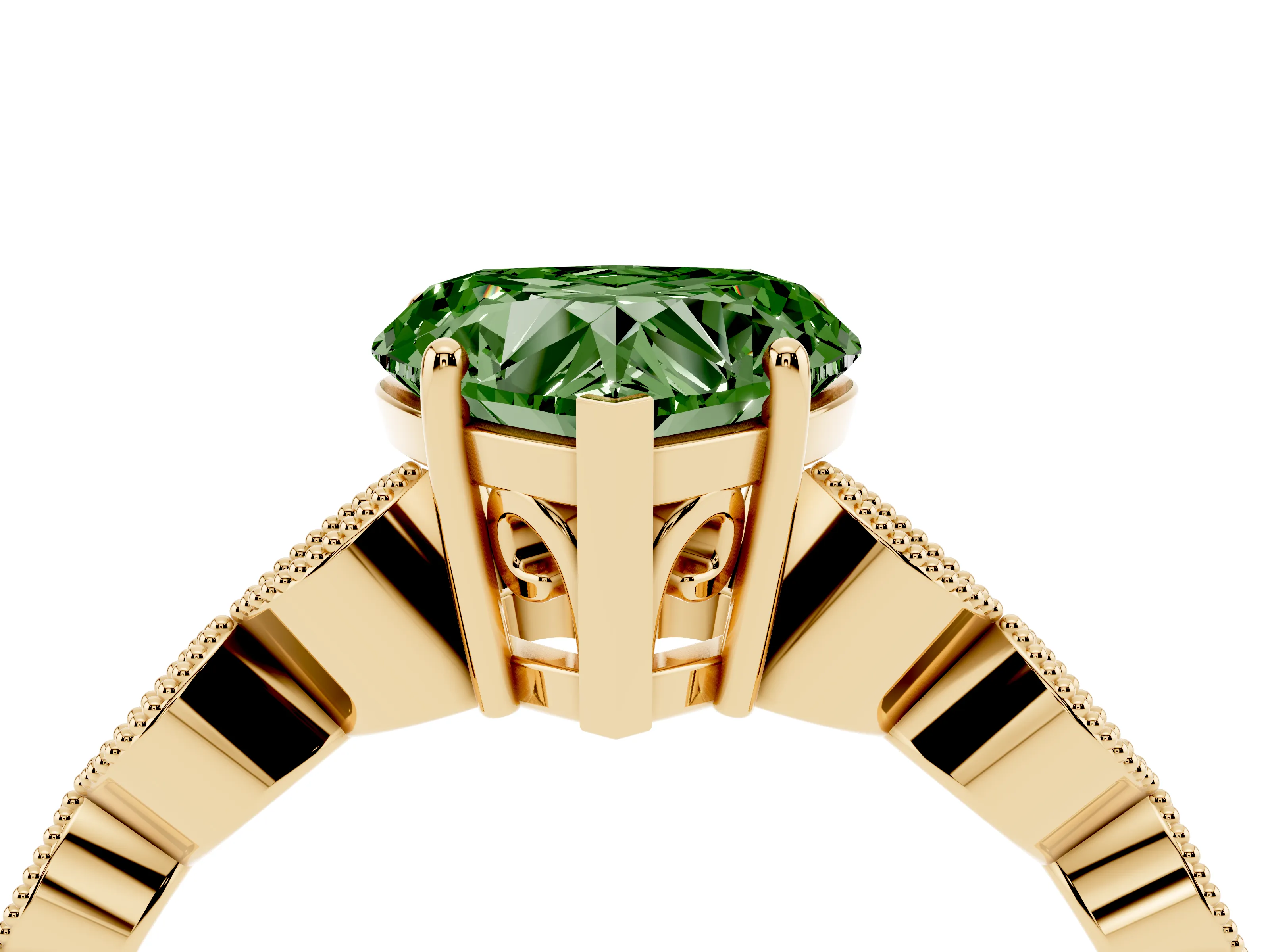 Fancy Green Heart Cut Diamond Solitaire Ring Set in Yellow gold with Infinity Twist Pavé Band