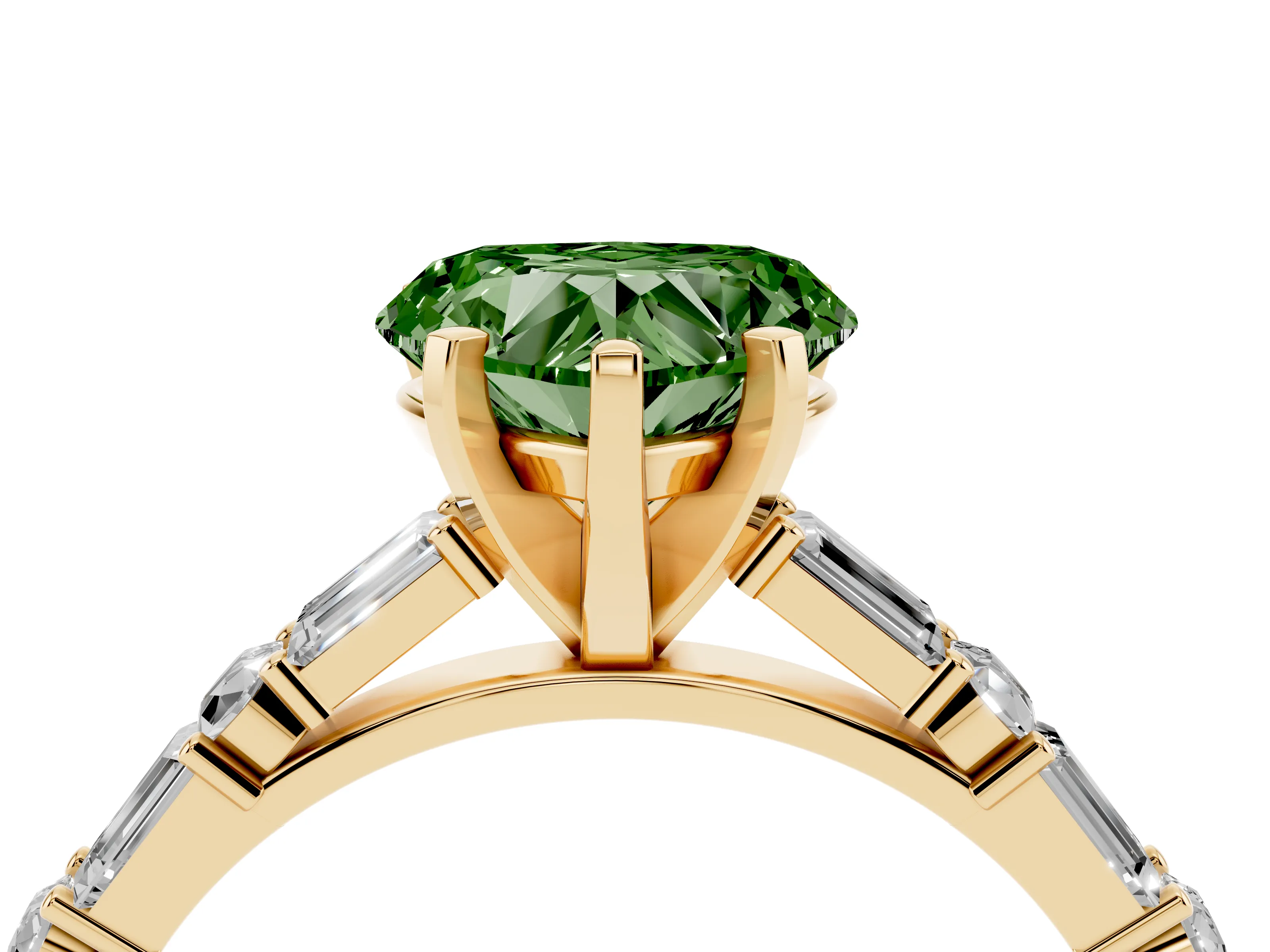 Fancy Green Heart Cut Diamond Solitaire Set in Yellow gold with Side Baguettes and Channel Set Band
