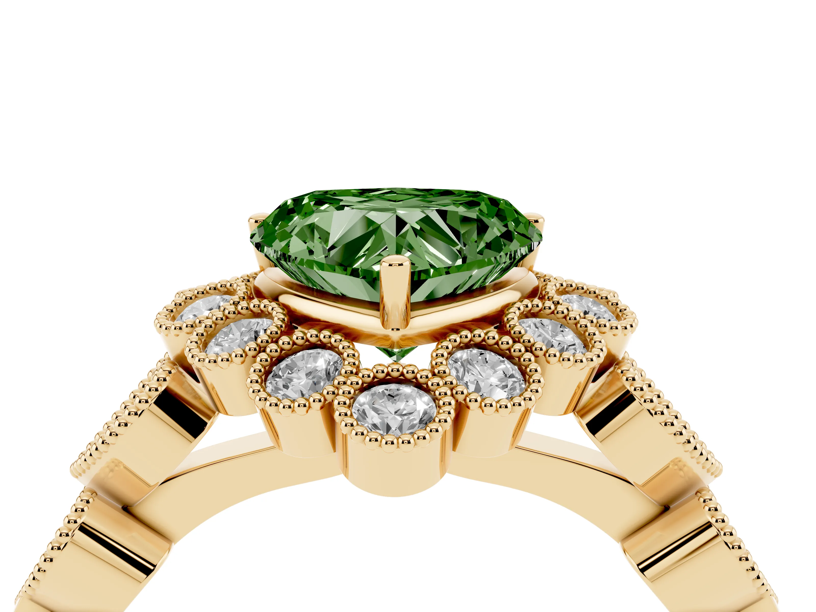 Fancy Green Heart Cut Diamond Solitaire Ring Set in Yellow gold with Milgrain Pavé Heart Band
