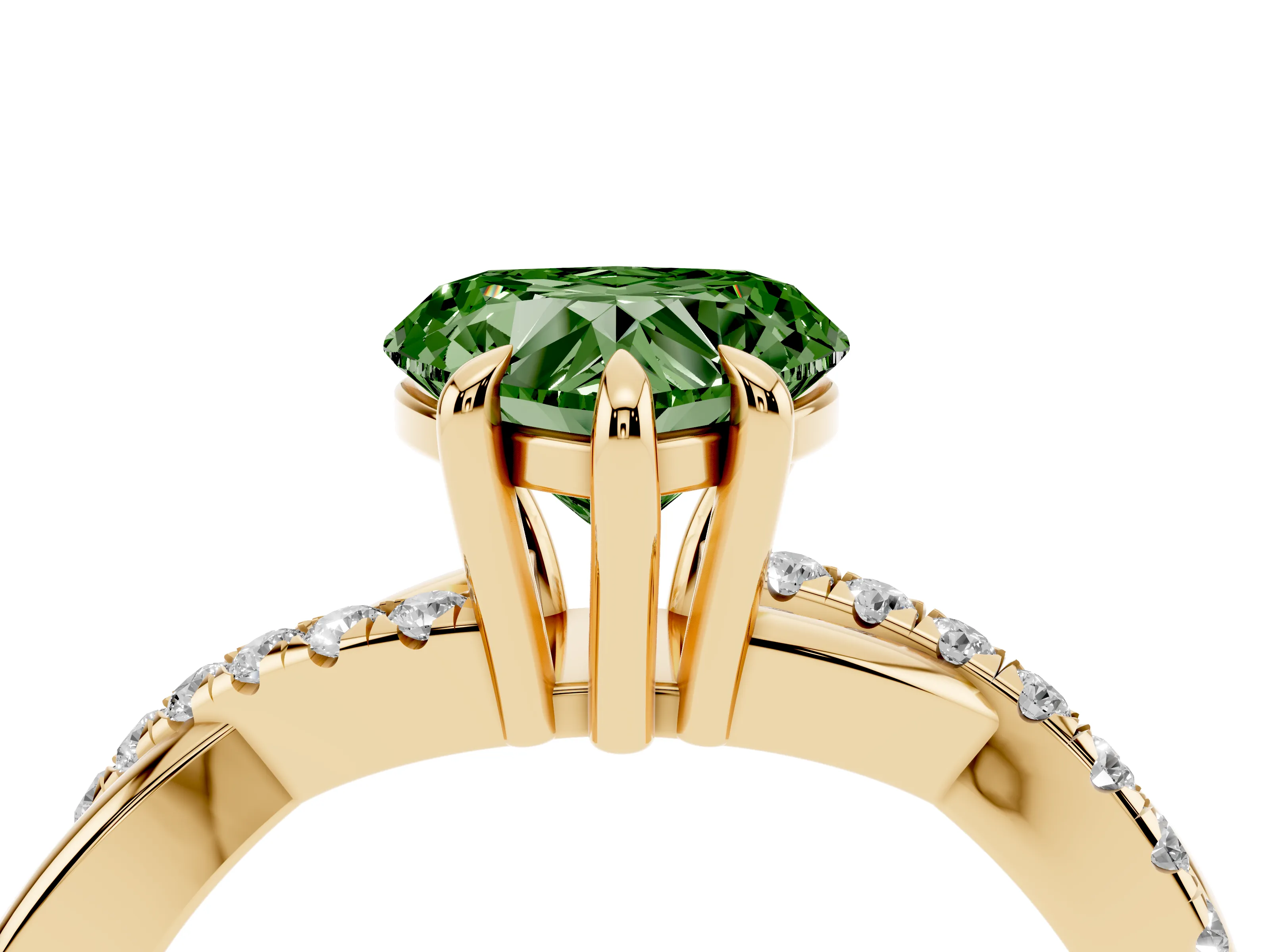 Fancy Green Heart Cut Diamond Twist Band Solitaire Set in Yellow gold with Pavé Accents and Prong Setting