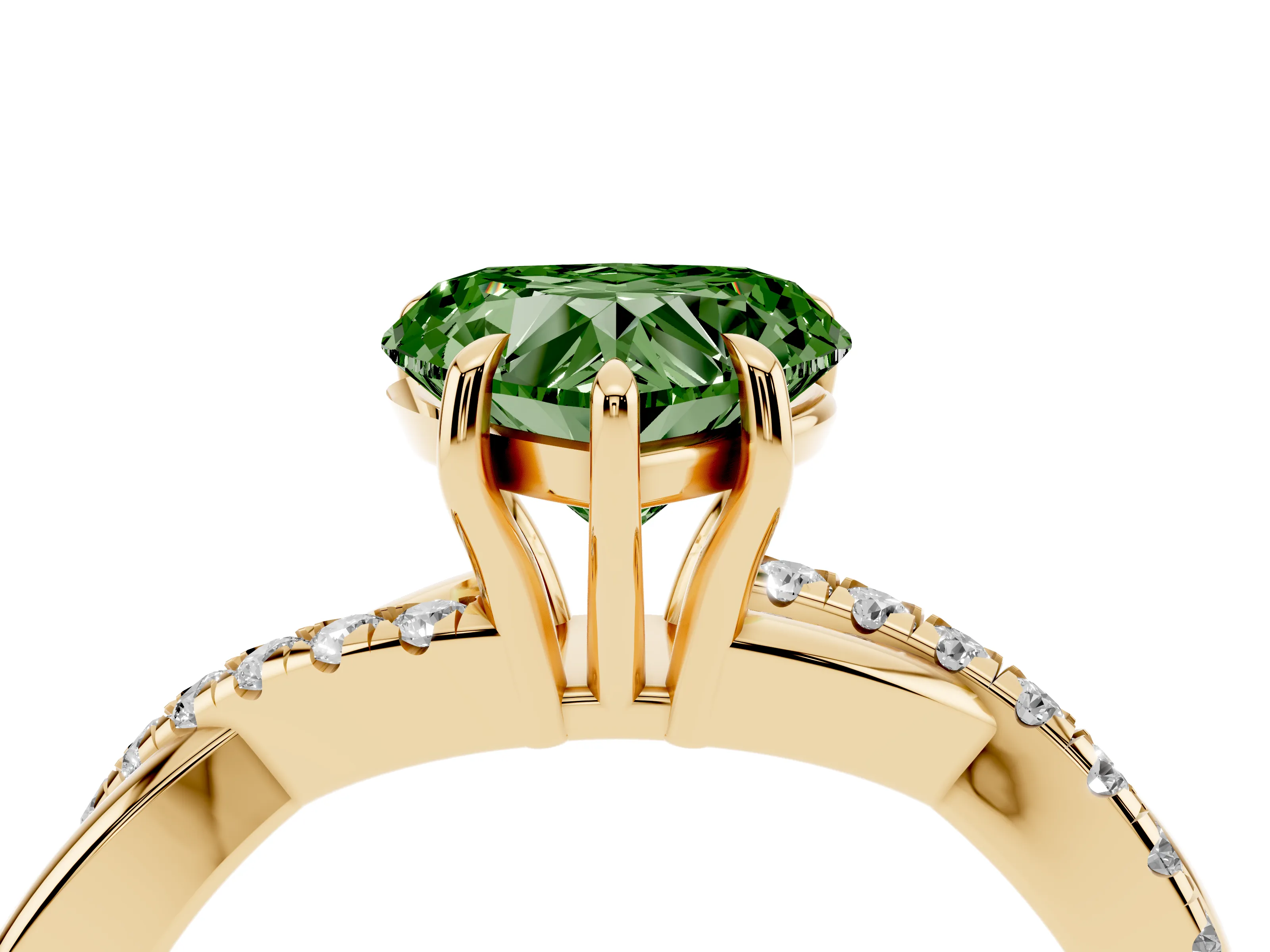 Fancy Green Heart Cut Diamond Twisted Pavé Band Ring Set in Yellow gold with Prong Setting