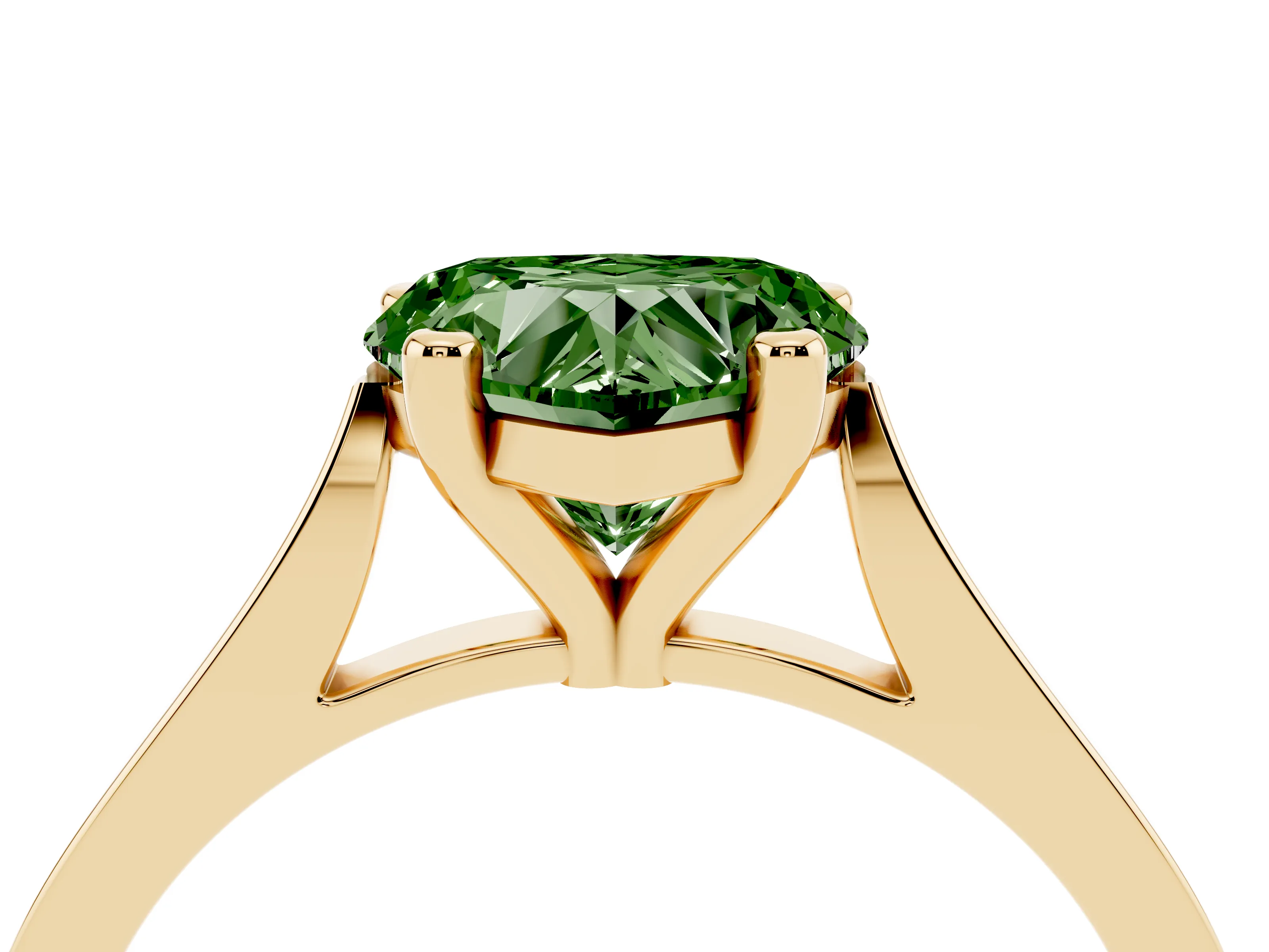 Fancy Green Heart Cut Diamond Solitaire Ring Set in Yellow gold with Prong Setting and Tapered Band