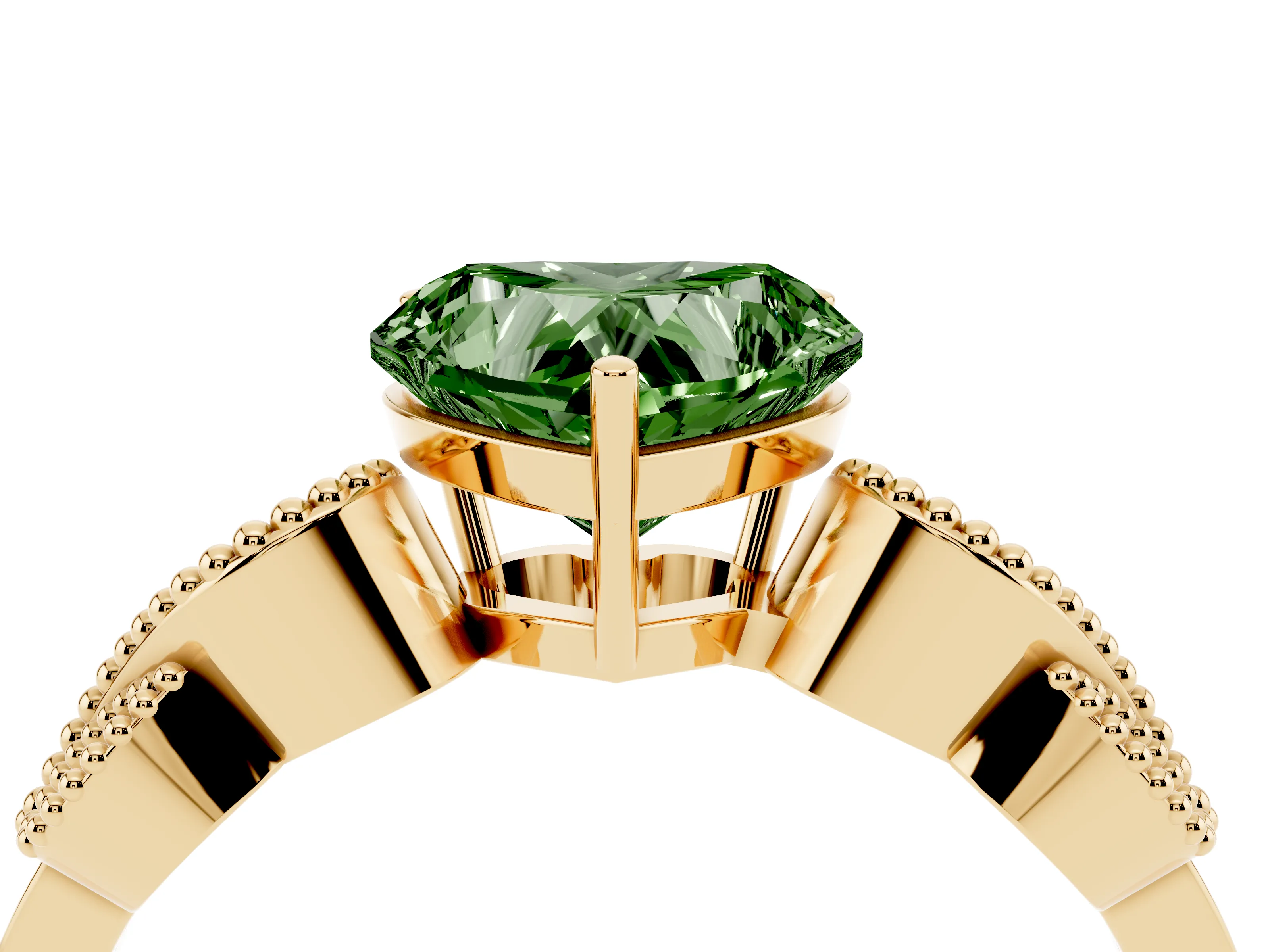 Fancy Green Heart Cut Diamond Milgrain Leaf Band Solitaire Ring Set in Yellow gold with Accent Stones and Prong Setting