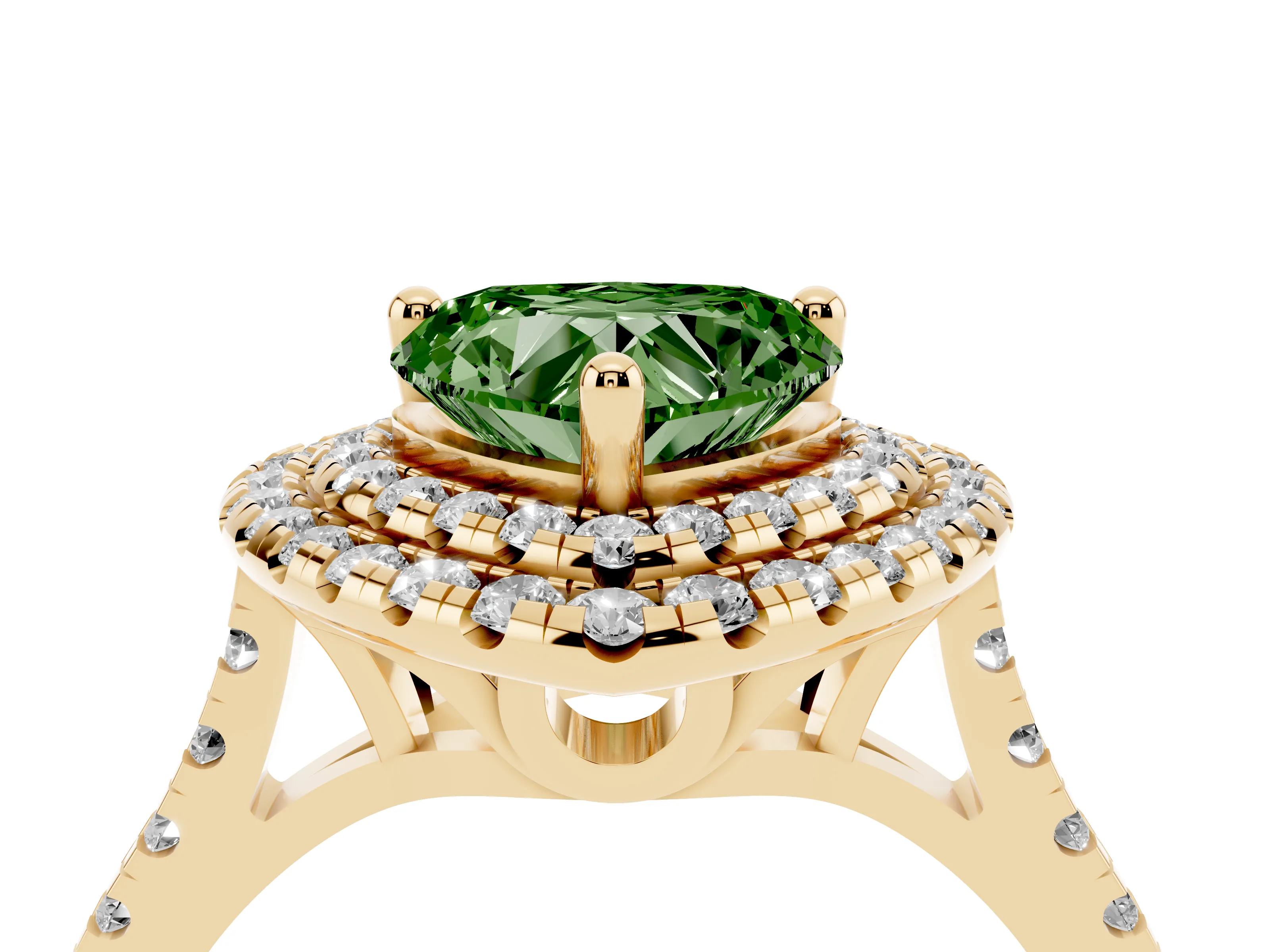 Fancy Green Heart Cut Diamond Double Halo Statement Ring Set in Yellow gold with Pavé Band