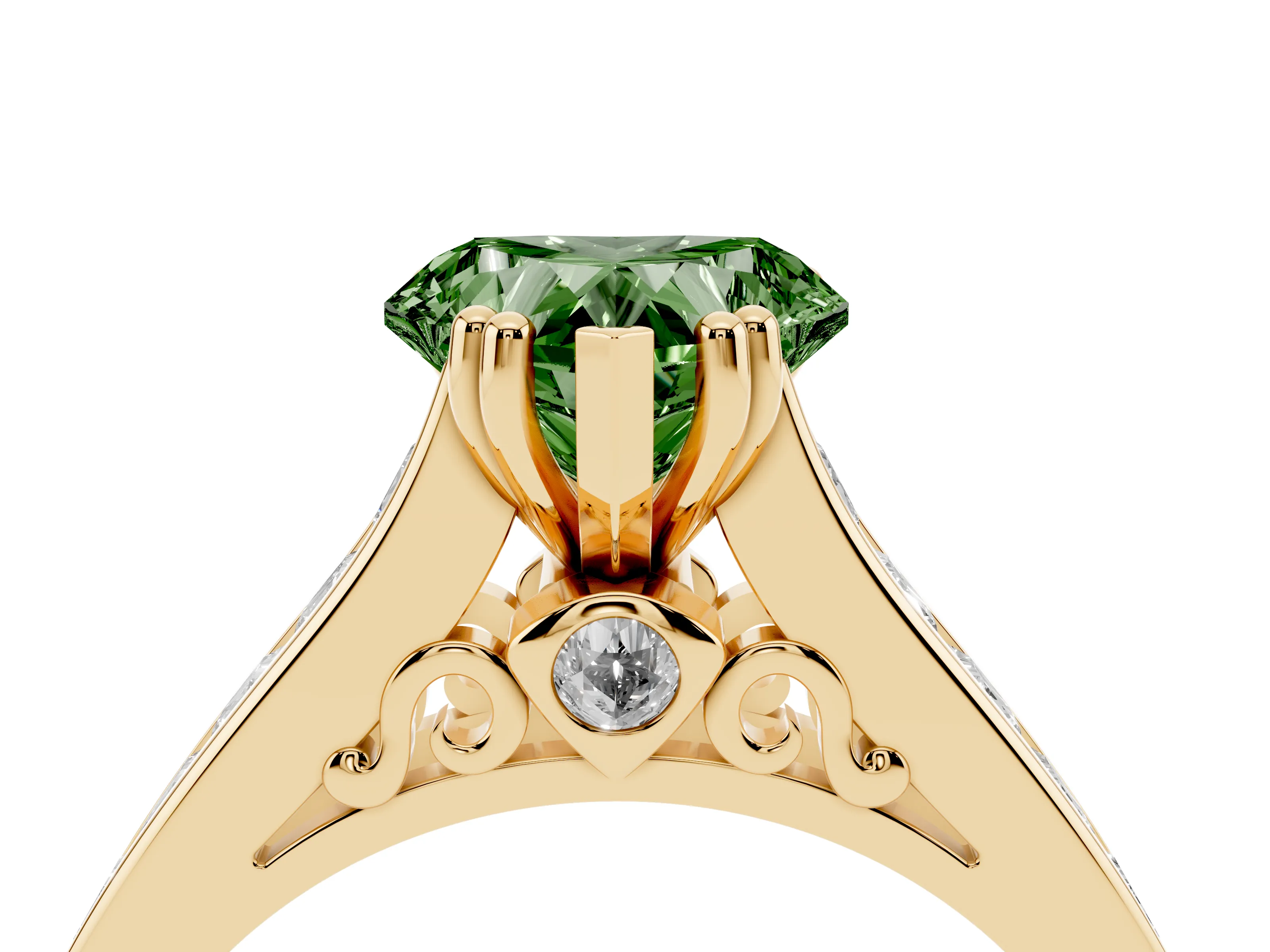 Fancy Green Heart Cut Diamond Channel Set Solitaire Engagement Ring Set in Yellow gold with Prong Setting